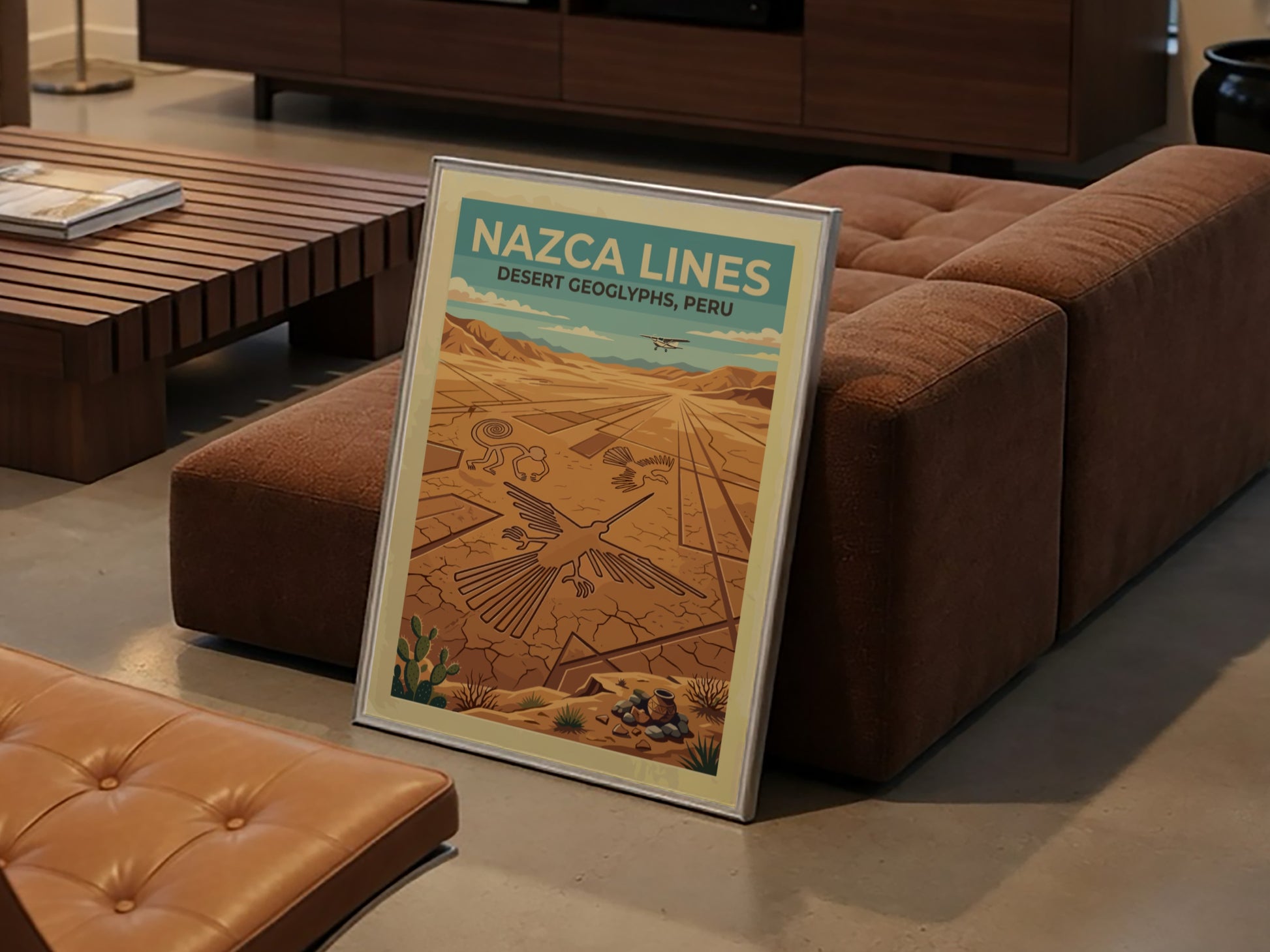South America travel poster featuring the Nazca Lines geoglyphs with a small aircraft above