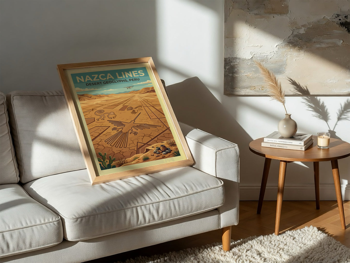 South America travel poster featuring the Nazca Lines geoglyphs with a small aircraft above