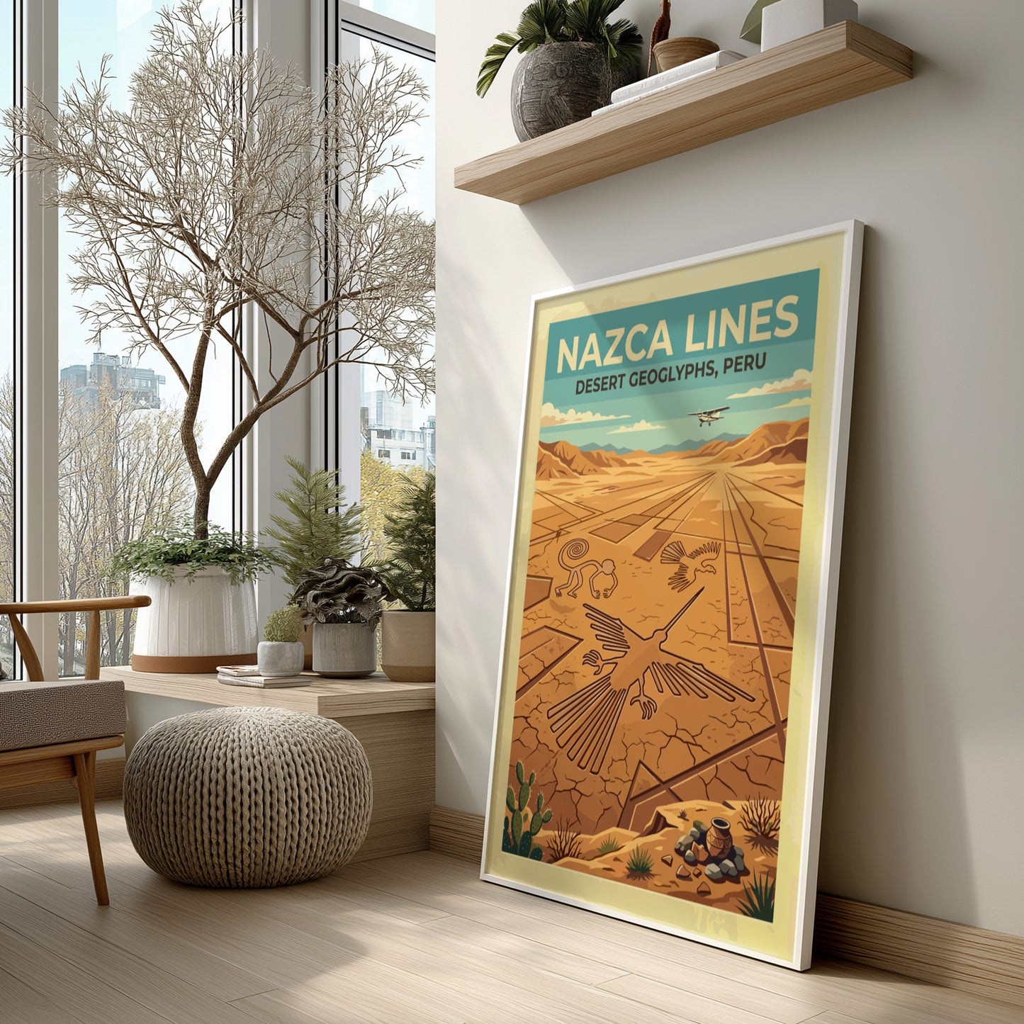 South America travel poster featuring the Nazca Lines geoglyphs with a small aircraft above