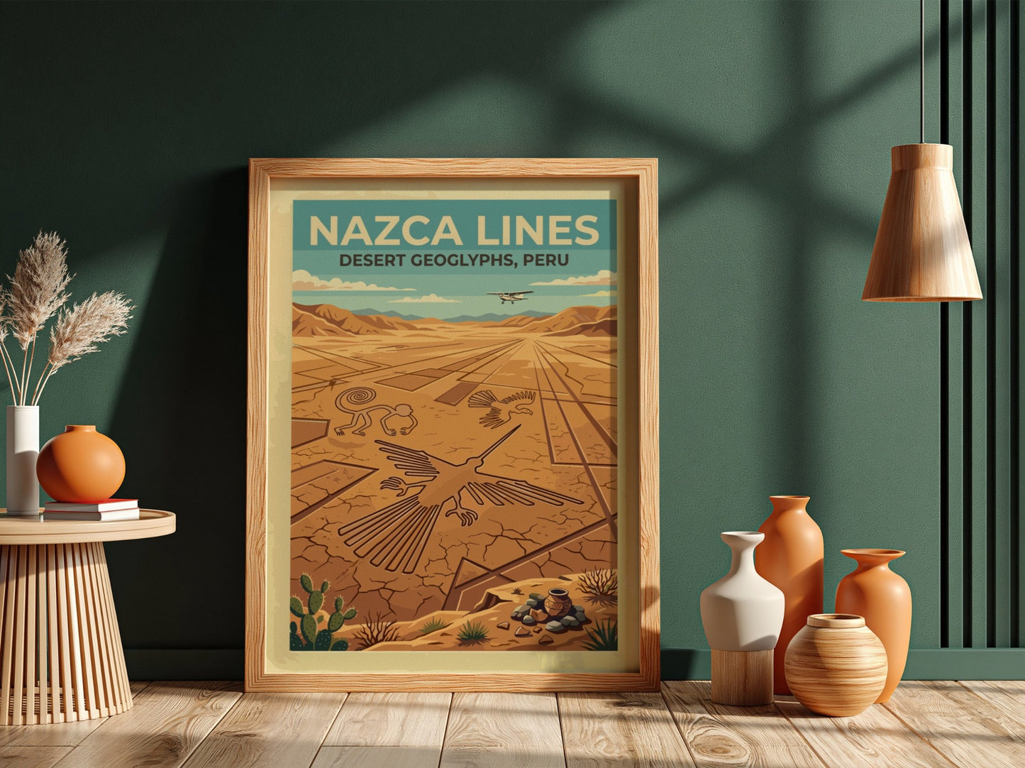 South America travel poster featuring the Nazca Lines geoglyphs with a small aircraft above