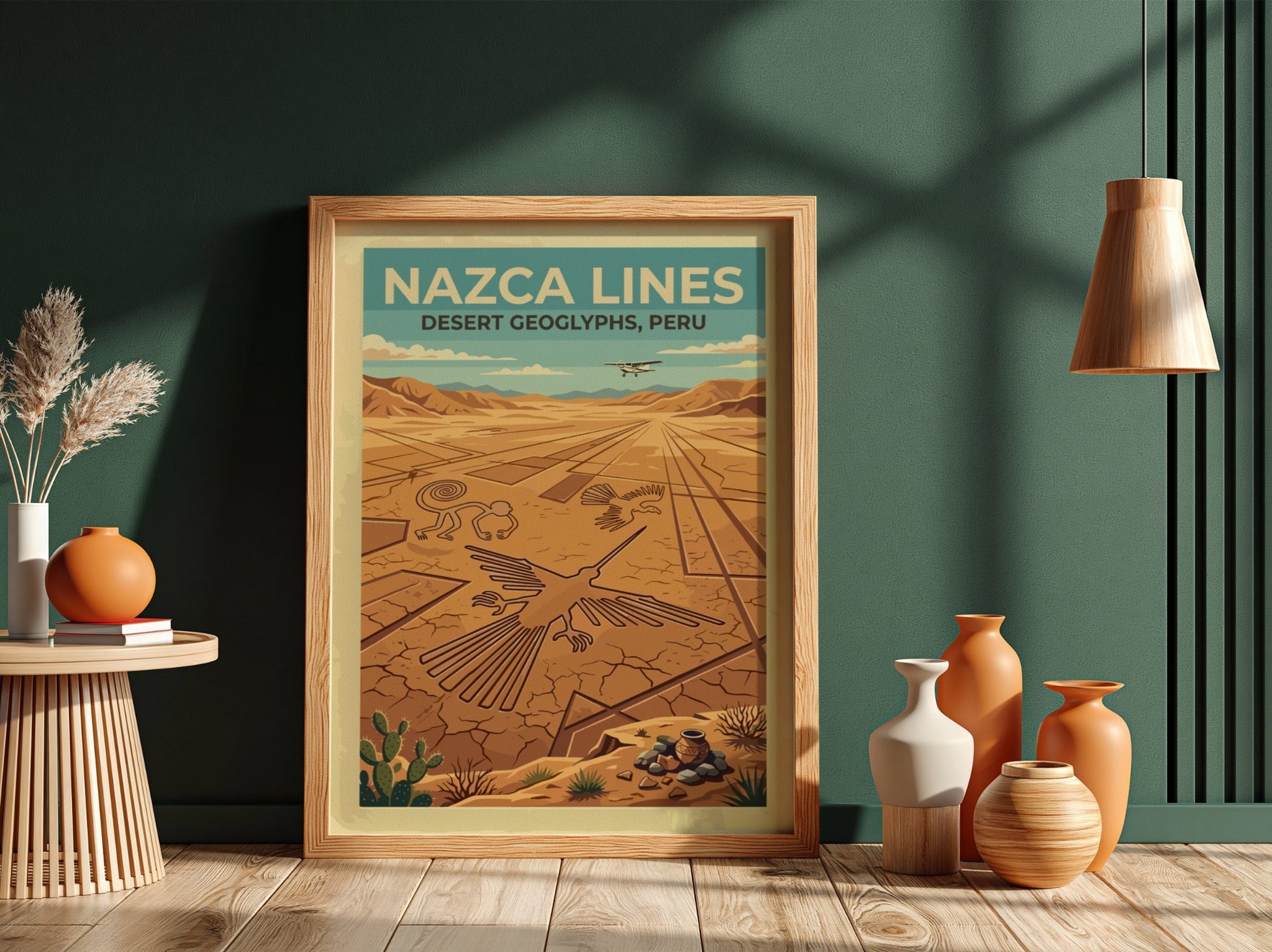 South America travel poster featuring the Nazca Lines geoglyphs with a small aircraft above