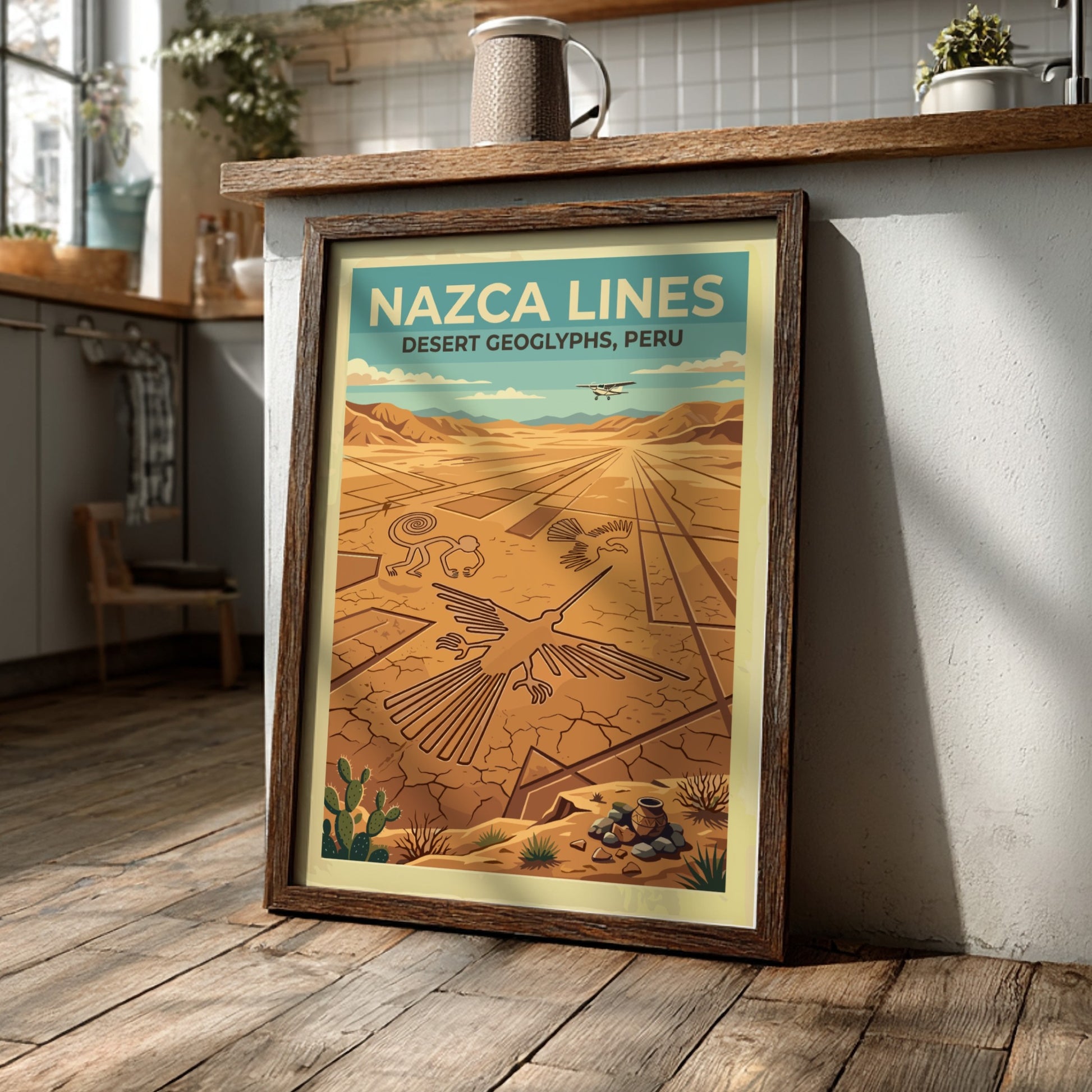 South America travel poster featuring the Nazca Lines geoglyphs with a small aircraft above