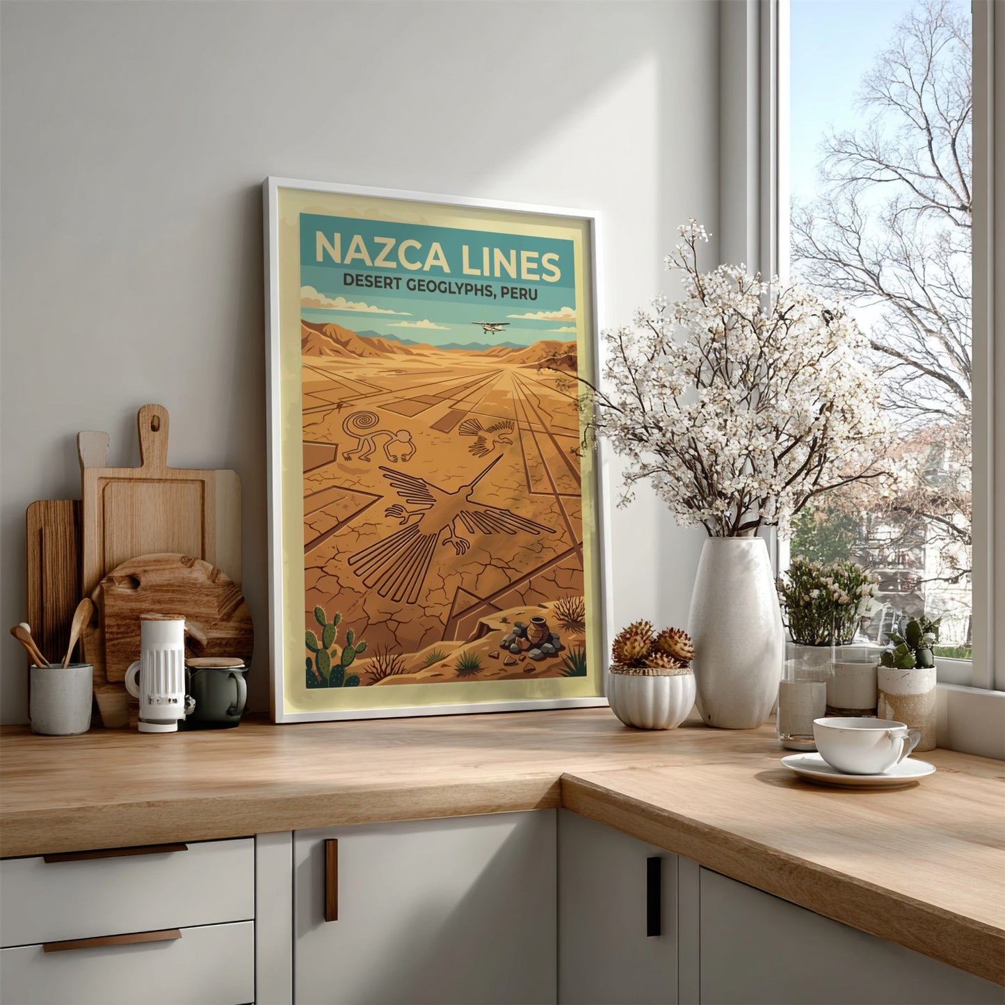 South America travel poster featuring the Nazca Lines geoglyphs with a small aircraft above