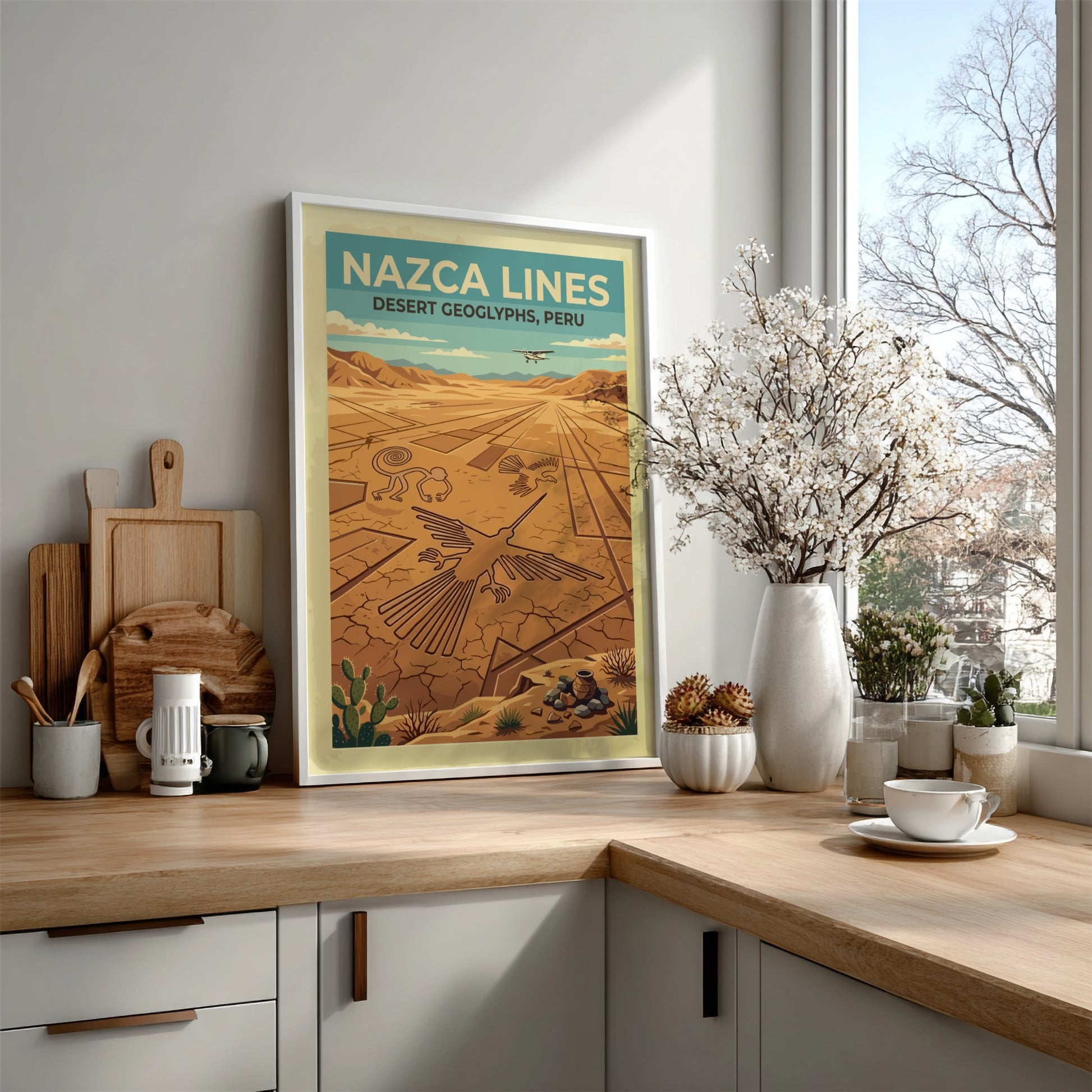 South America travel poster featuring the Nazca Lines geoglyphs with a small aircraft above