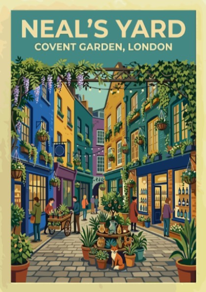 Travel poster featuring Neal's Yard in London with vibrant colours and urban scenery