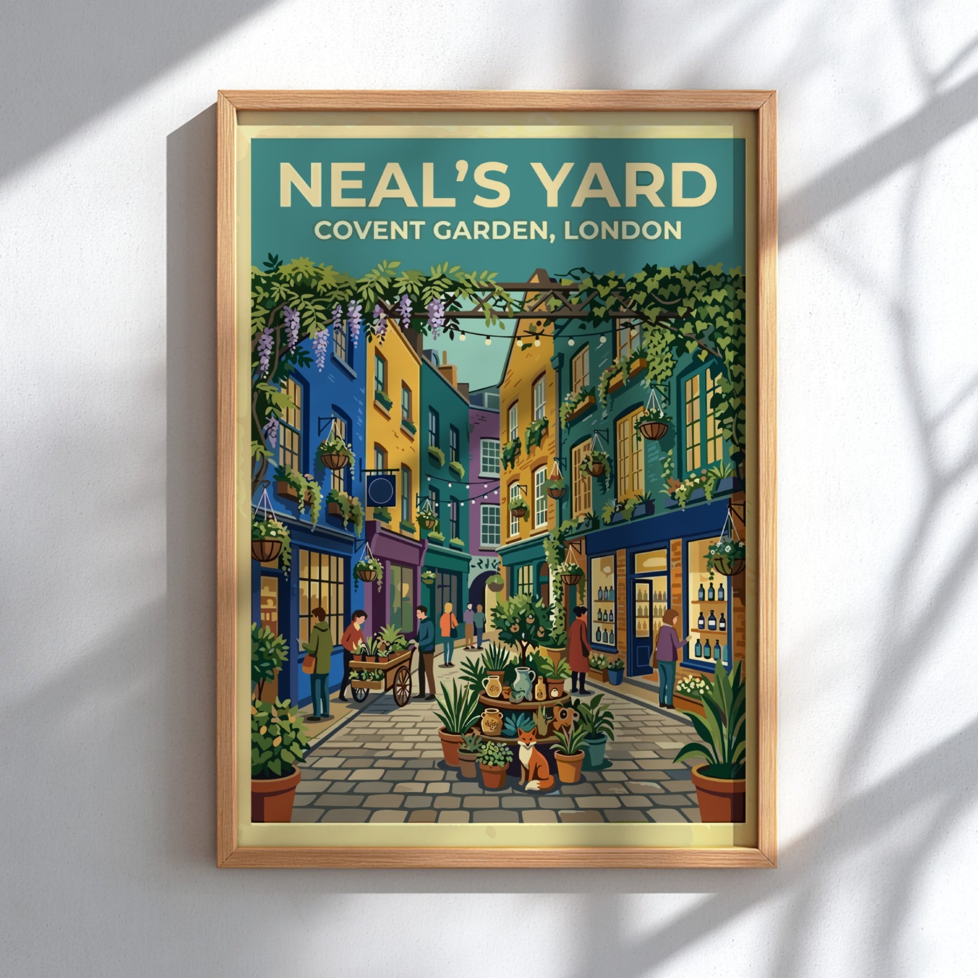 Travel poster featuring Neal's Yard in London with vibrant colours and urban scenery
