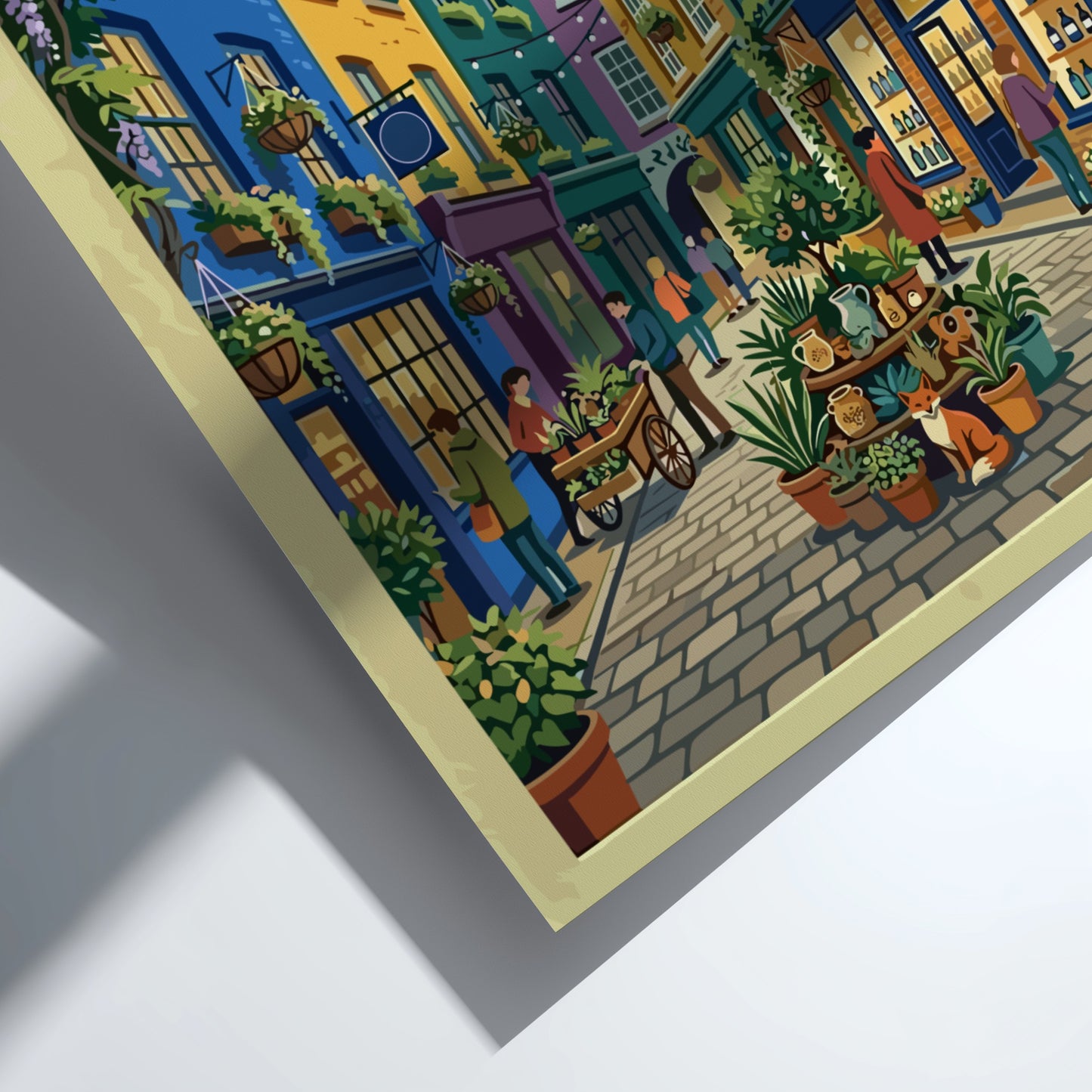 Travel poster featuring Neal's Yard in London with vibrant colours and urban scenery