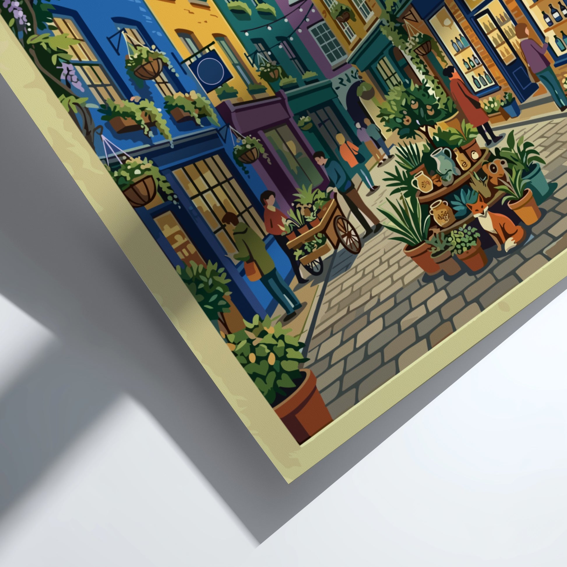 Travel poster featuring Neal's Yard in London with vibrant colours and urban scenery