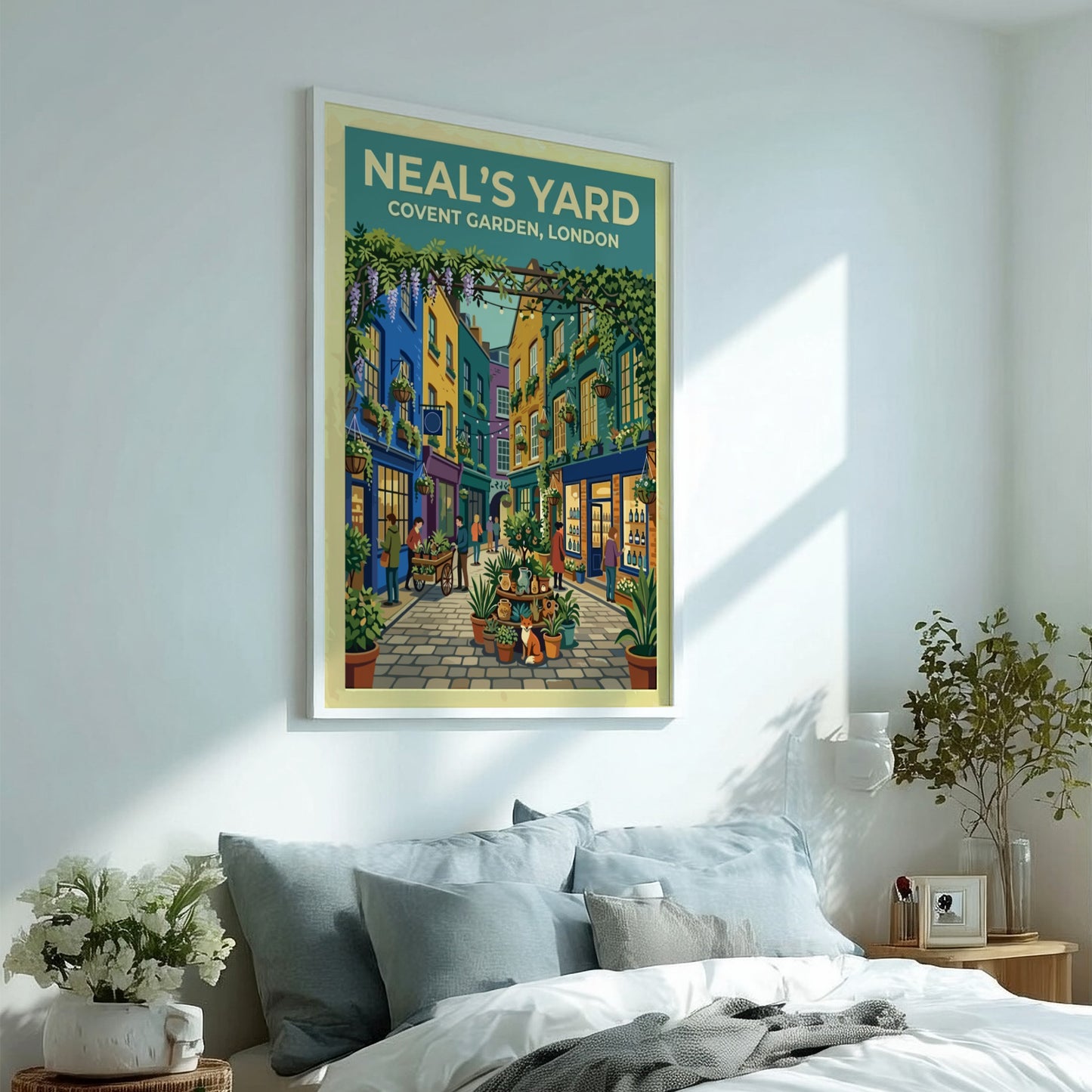 Travel poster featuring Neal's Yard in London with vibrant colours and urban scenery
