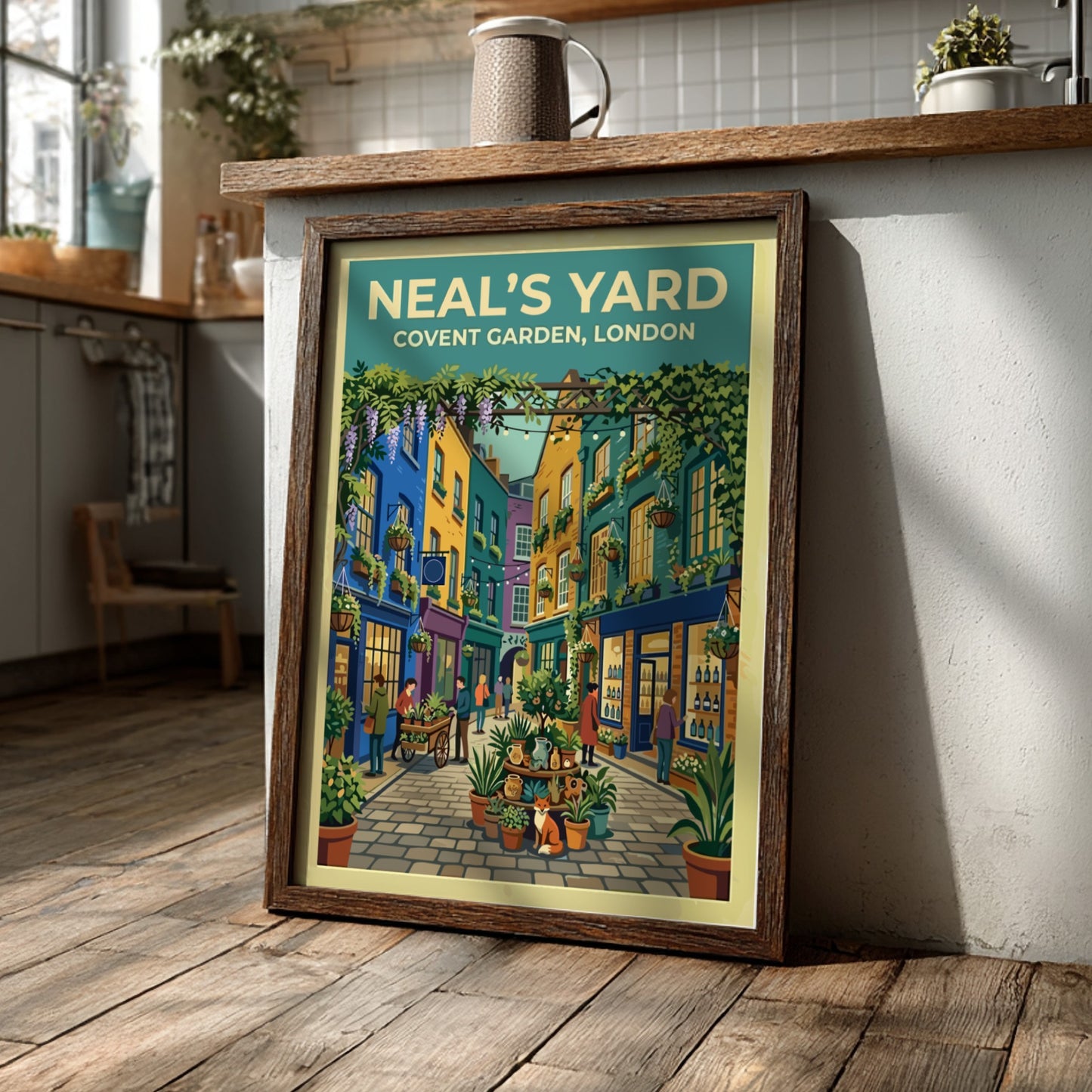 Travel poster featuring Neal's Yard in London with vibrant colours and urban scenery