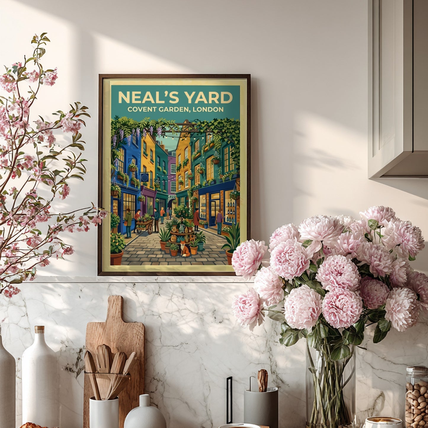 Travel poster featuring Neal's Yard in London with vibrant colours and urban scenery