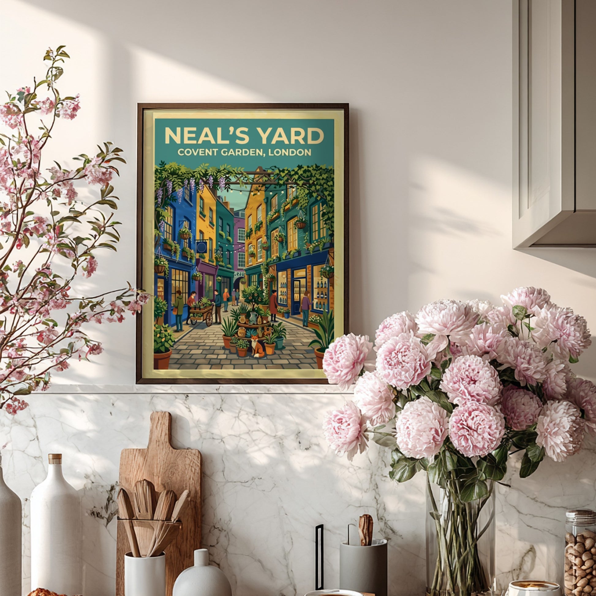 Travel poster featuring Neal's Yard in London with vibrant colours and urban scenery