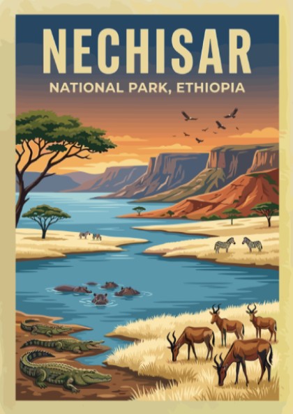 Nechisar National Park poster featuring vibrant wildlife and landscapes in warm colors, perfect for nature