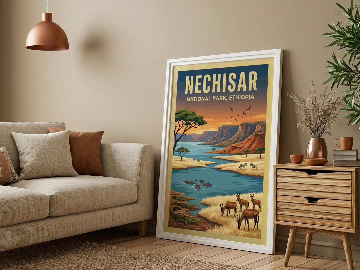 Nechisar National Park poster featuring vibrant wildlife and landscapes in warm colors, perfect for nature