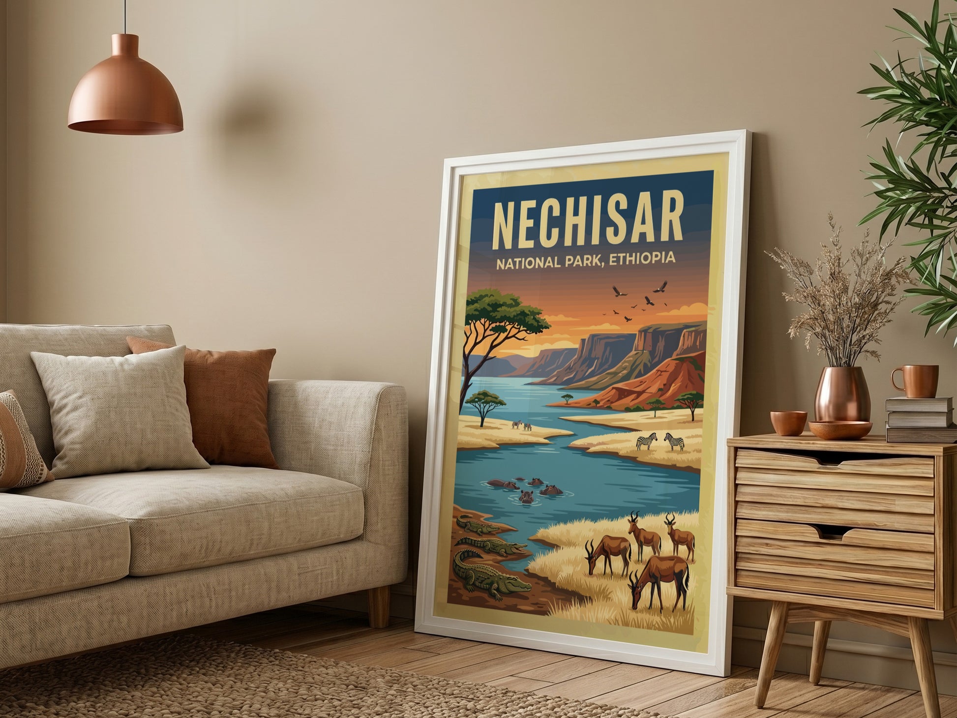 Nechisar National Park poster featuring vibrant wildlife and landscapes in warm colors, perfect for nature