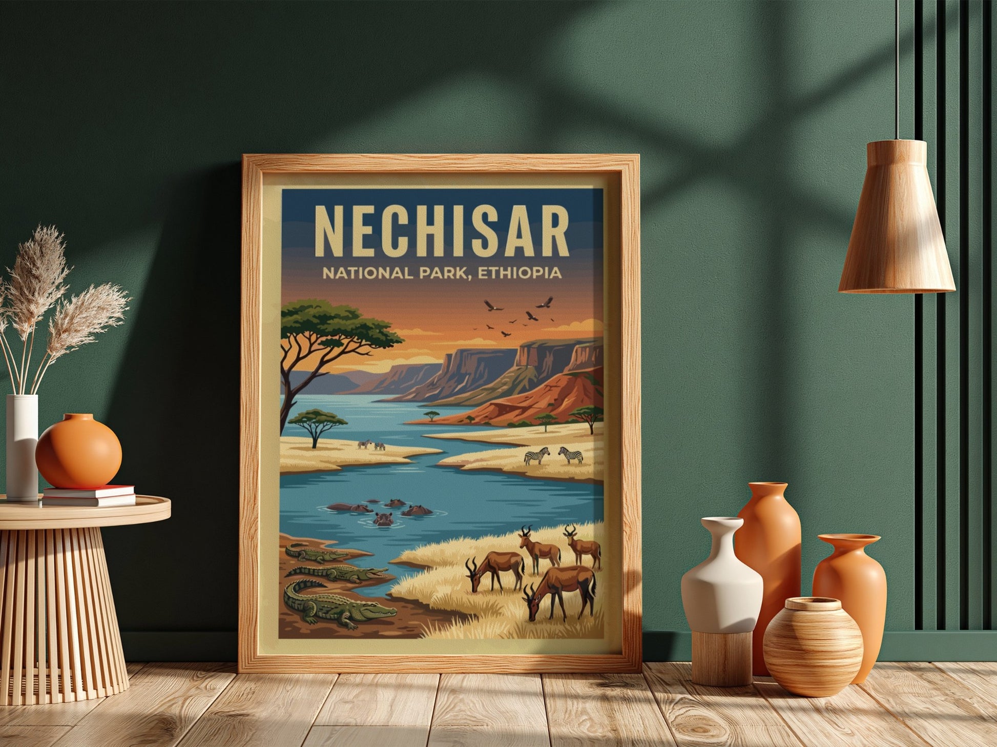Nechisar National Park poster featuring vibrant wildlife and landscapes in warm colors, perfect for nature