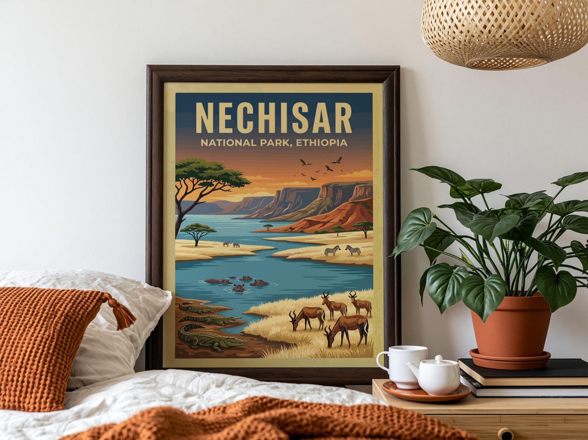 Nechisar National Park poster featuring vibrant wildlife and landscapes in warm colors, perfect for nature