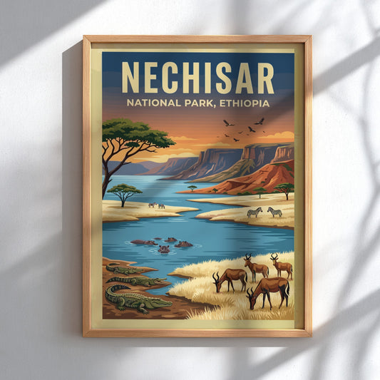 Nechisar National Park poster featuring vibrant wildlife and landscapes in warm colors, perfect for nature