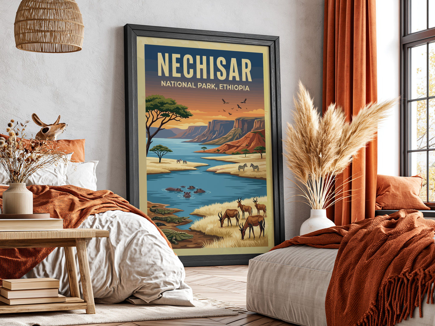 Nechisar National Park poster featuring vibrant wildlife and landscapes in warm colors, perfect for nature
