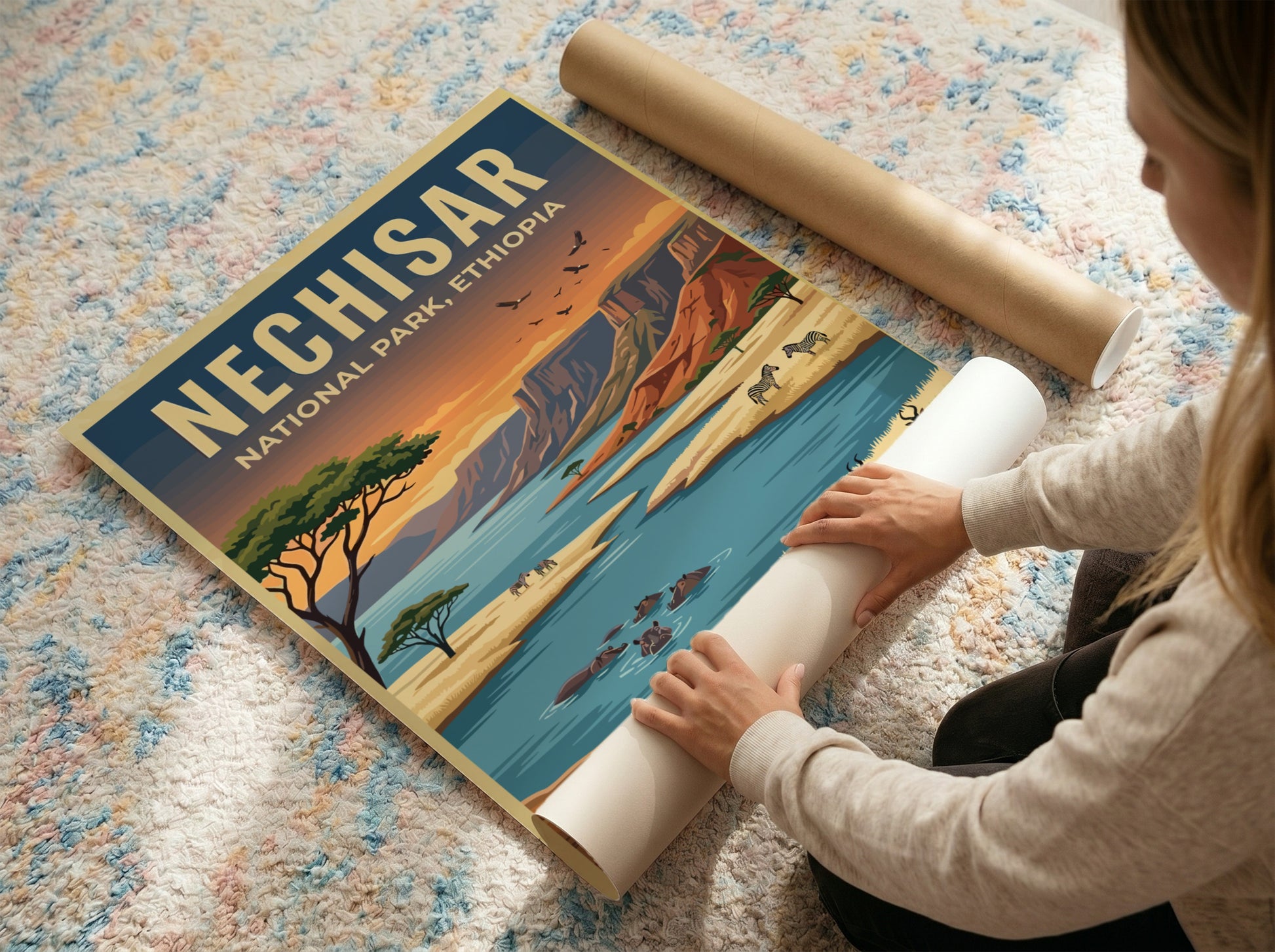 Nechisar National Park poster featuring vibrant wildlife and landscapes in warm colors, perfect for nature