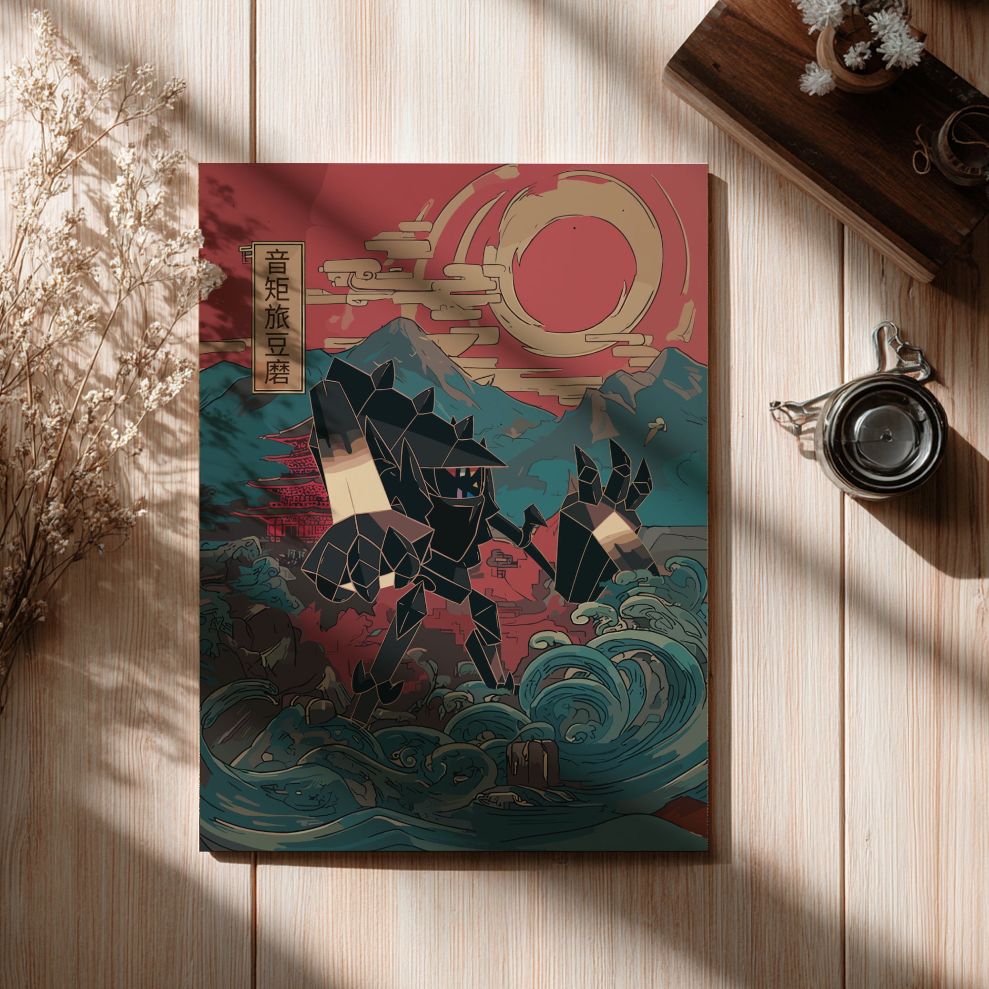 Decorative poster with a Necrozma Pokemon design on a wooden surface