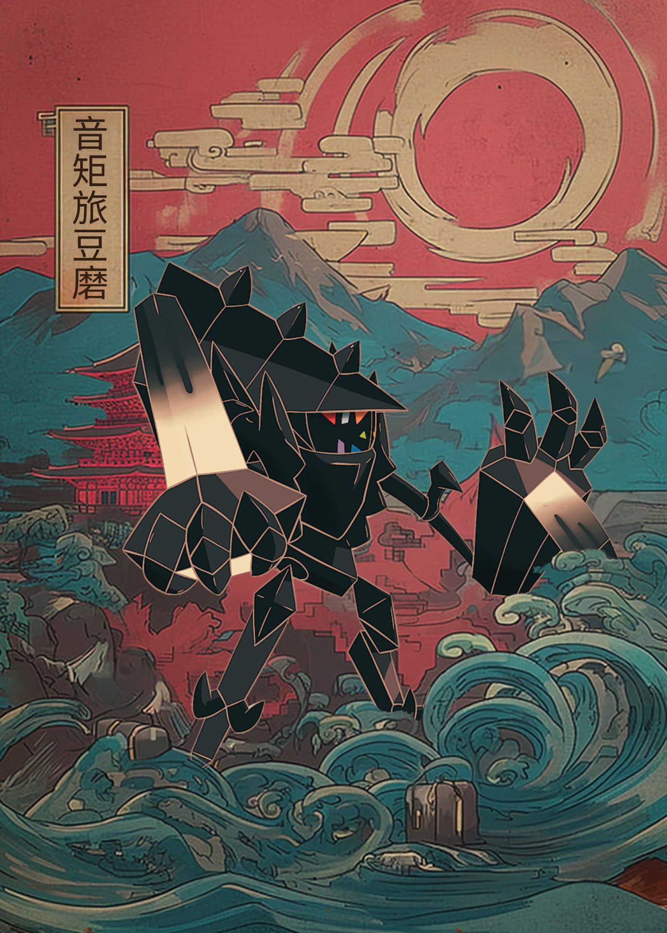 Necrozma Pokemon in a stylized Japanese landscape with Mount Fuji and a red sun.
