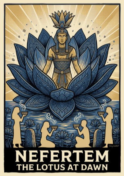Poster featuring Nefertem emerging from a blue lotus with Egyptian figures offering incense.