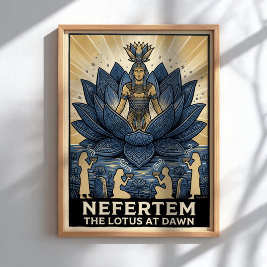 Poster featuring Nefertem emerging from a blue lotus with Egyptian figures offering incense.