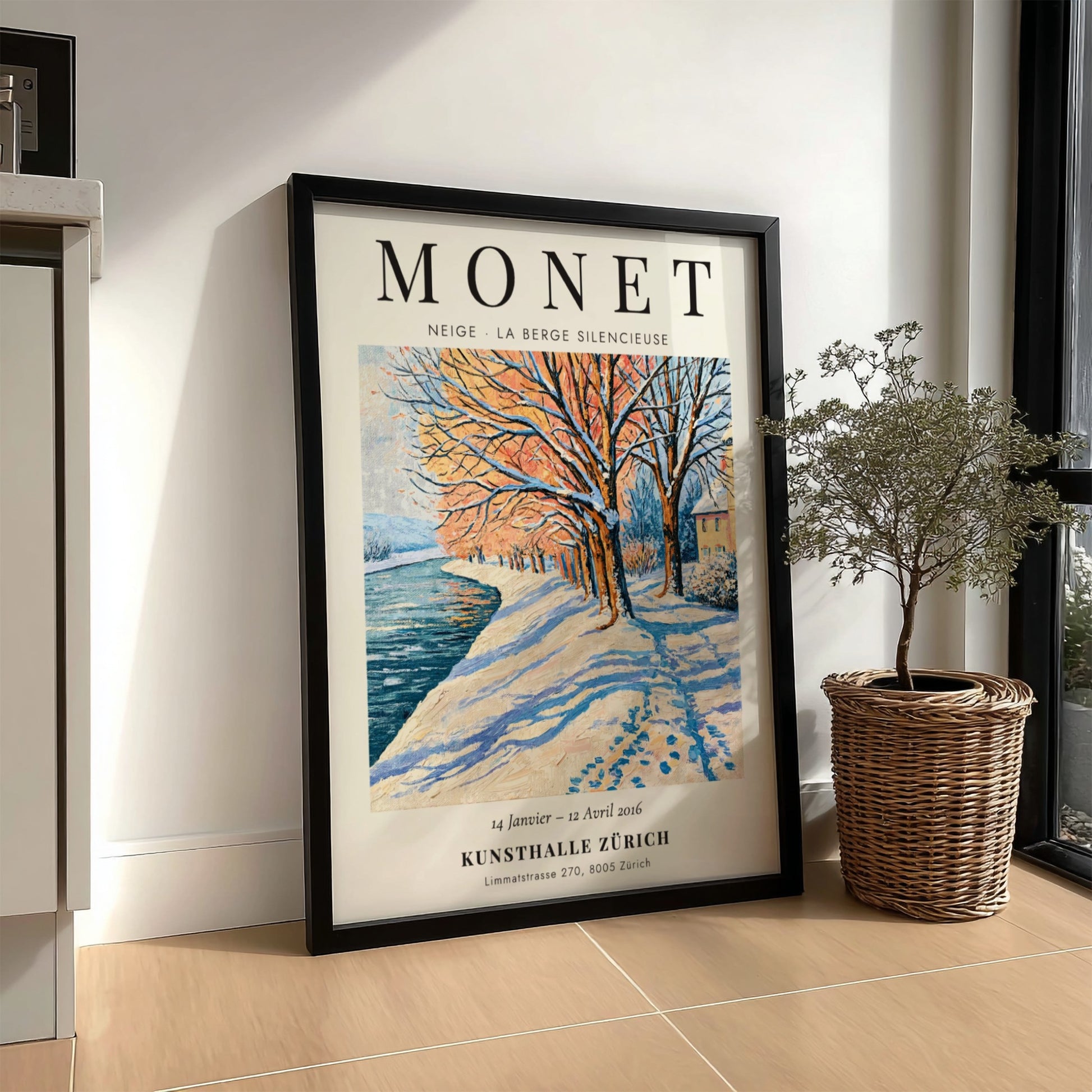 Monet inspired poster featuring a serene winter landscape with snow-covered trees and a river in soft blues