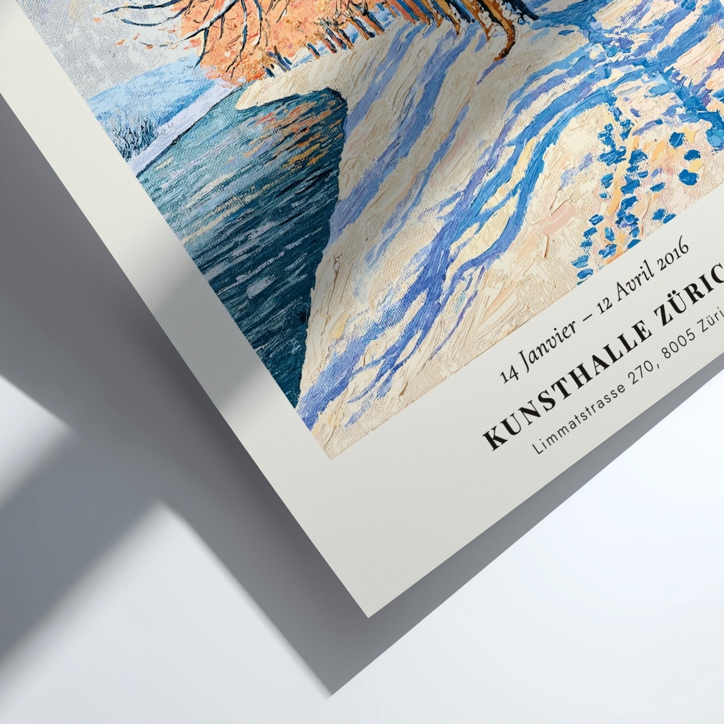 Monet inspired poster featuring a serene winter landscape with snow-covered trees and a river in soft blues