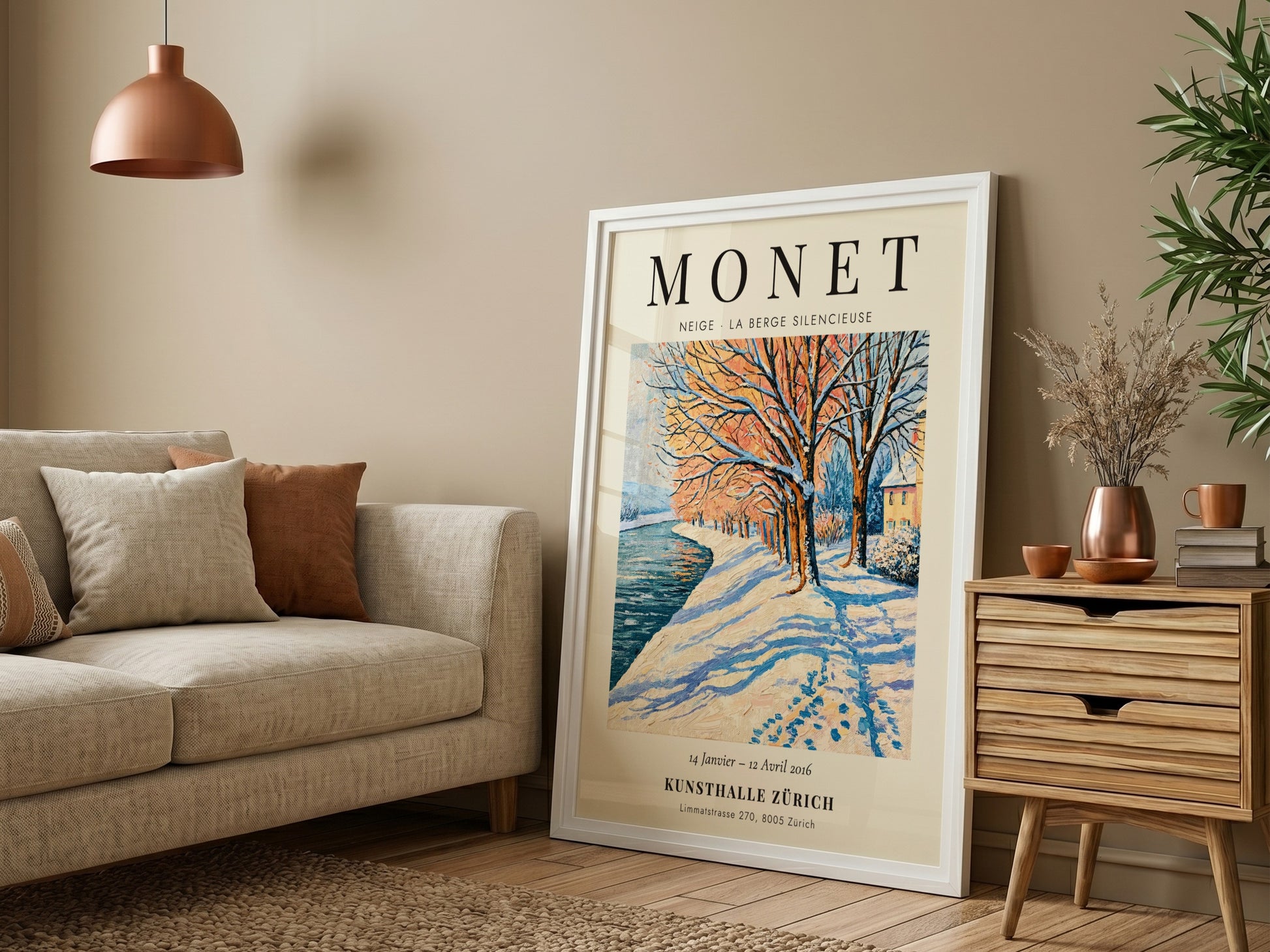 Monet inspired poster featuring a serene winter landscape with snow-covered trees and a river in soft blues