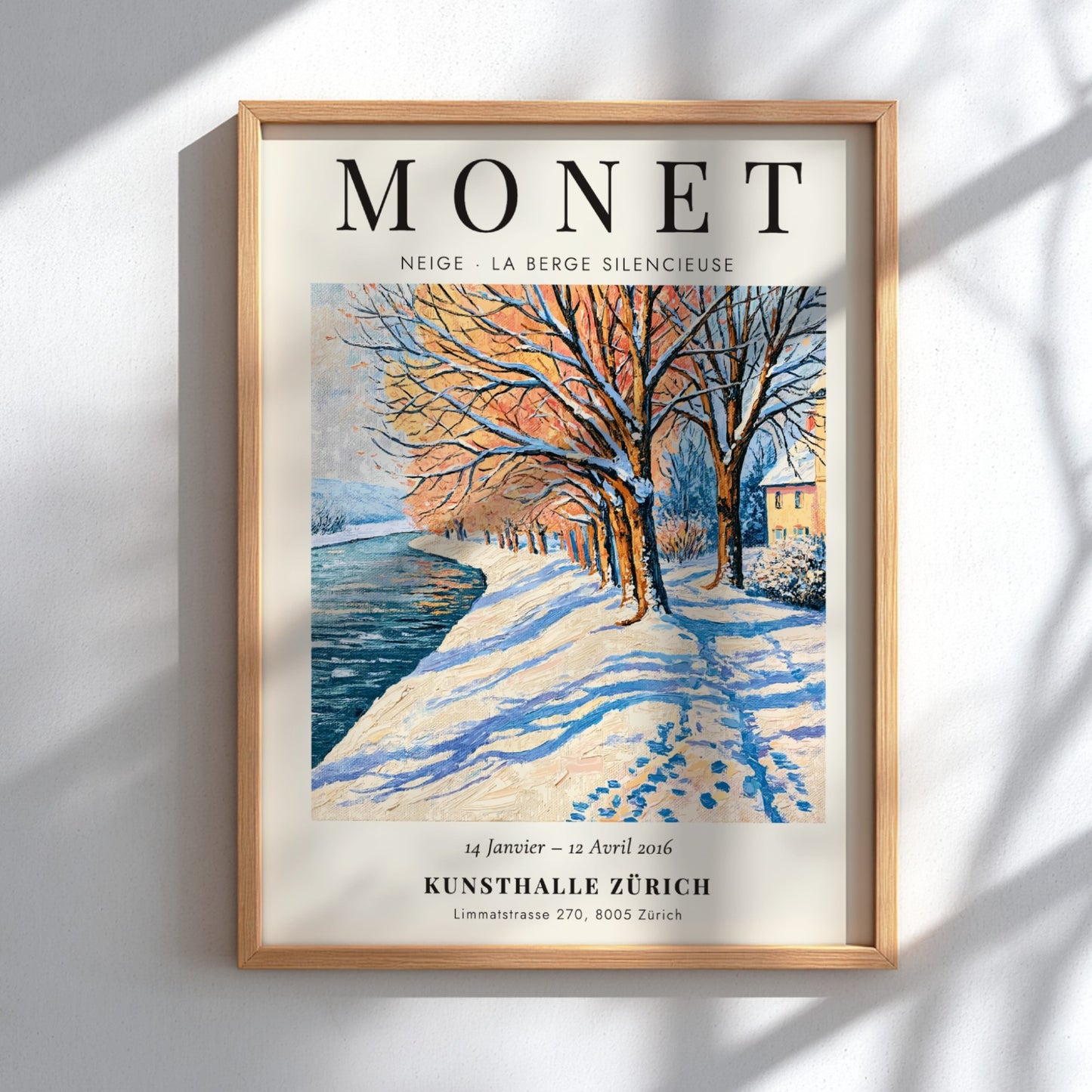 Monet inspired poster featuring a serene winter landscape with snow-covered trees and a river in soft blues
