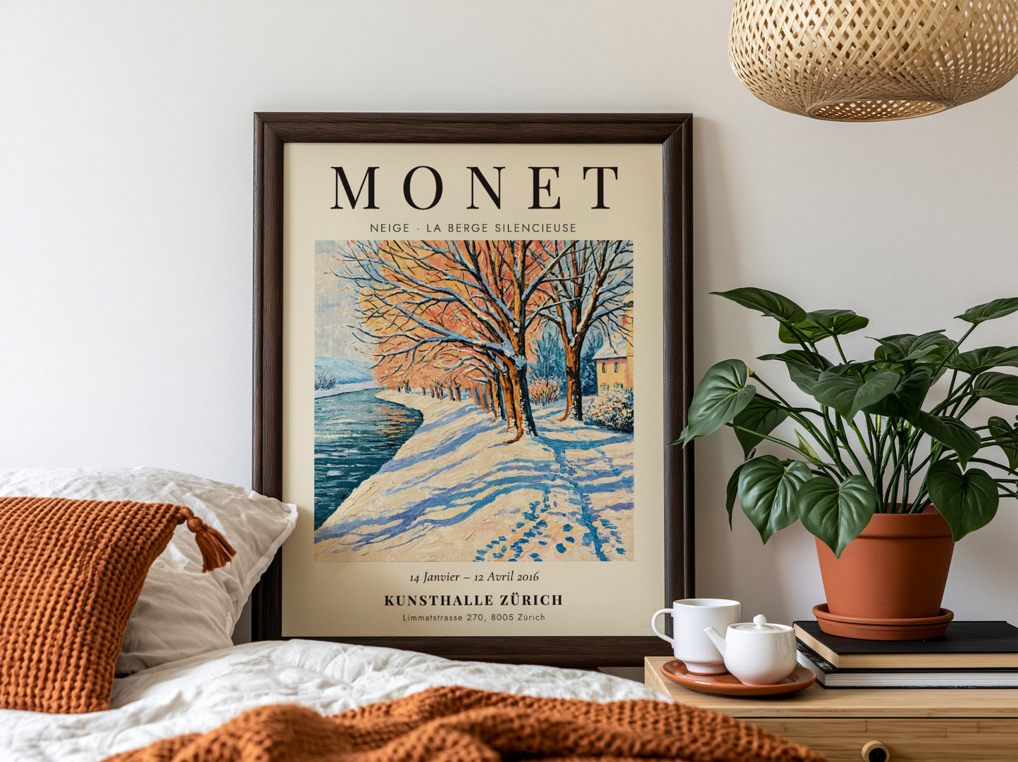 Monet inspired poster featuring a serene winter landscape with snow-covered trees and a river in soft blues
