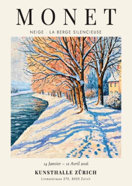 Monet inspired poster featuring a serene winter landscape with snow-covered trees and a river in soft blues