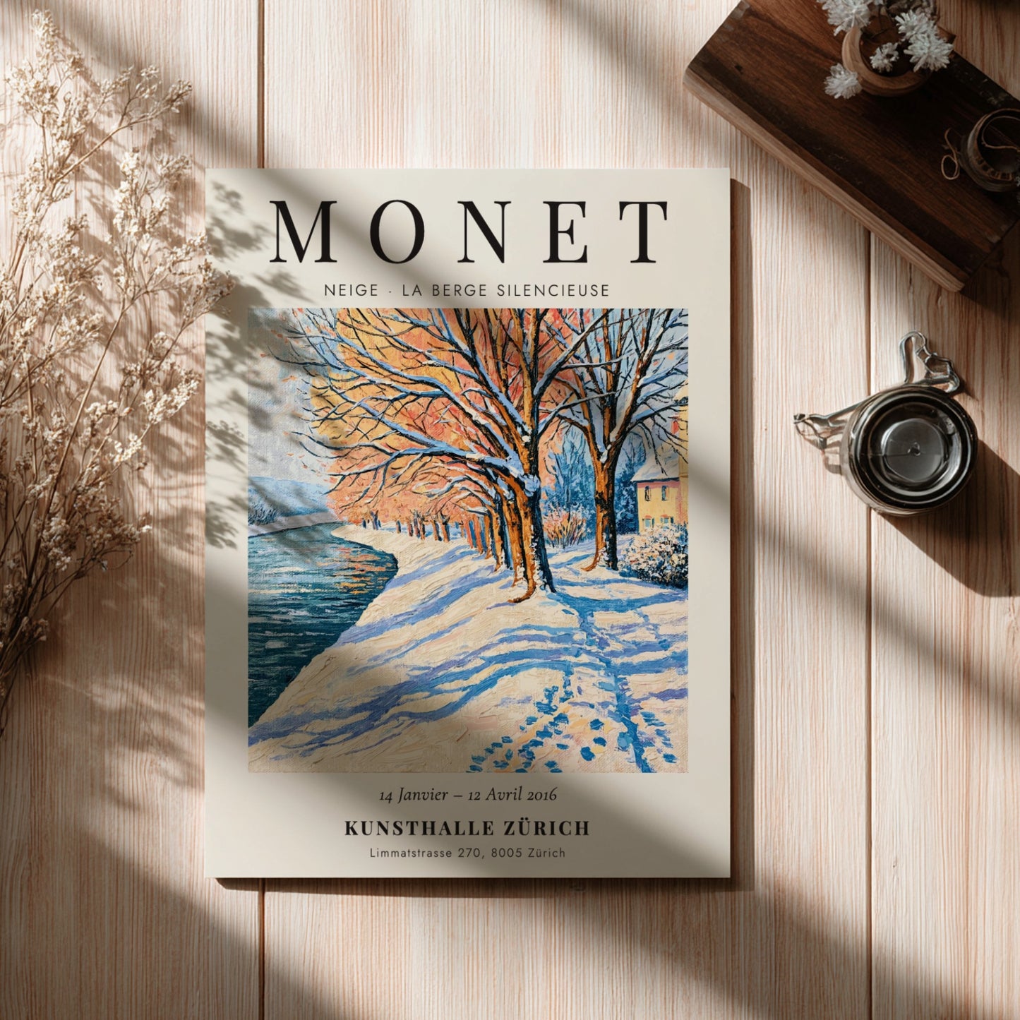 Monet inspired poster featuring a serene winter landscape with snow-covered trees and a river in soft blues
