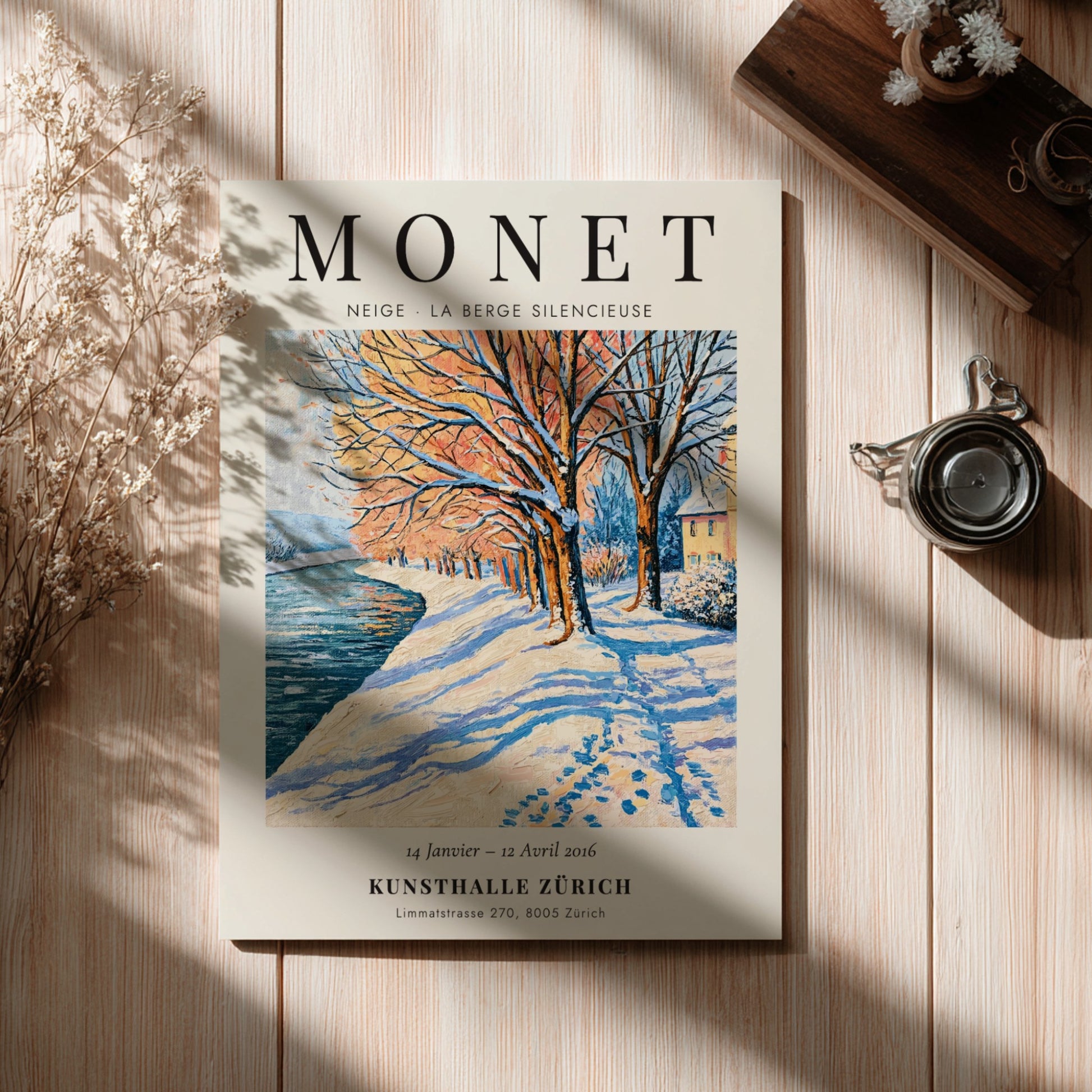 Monet inspired poster featuring a serene winter landscape with snow-covered trees and a river in soft blues
