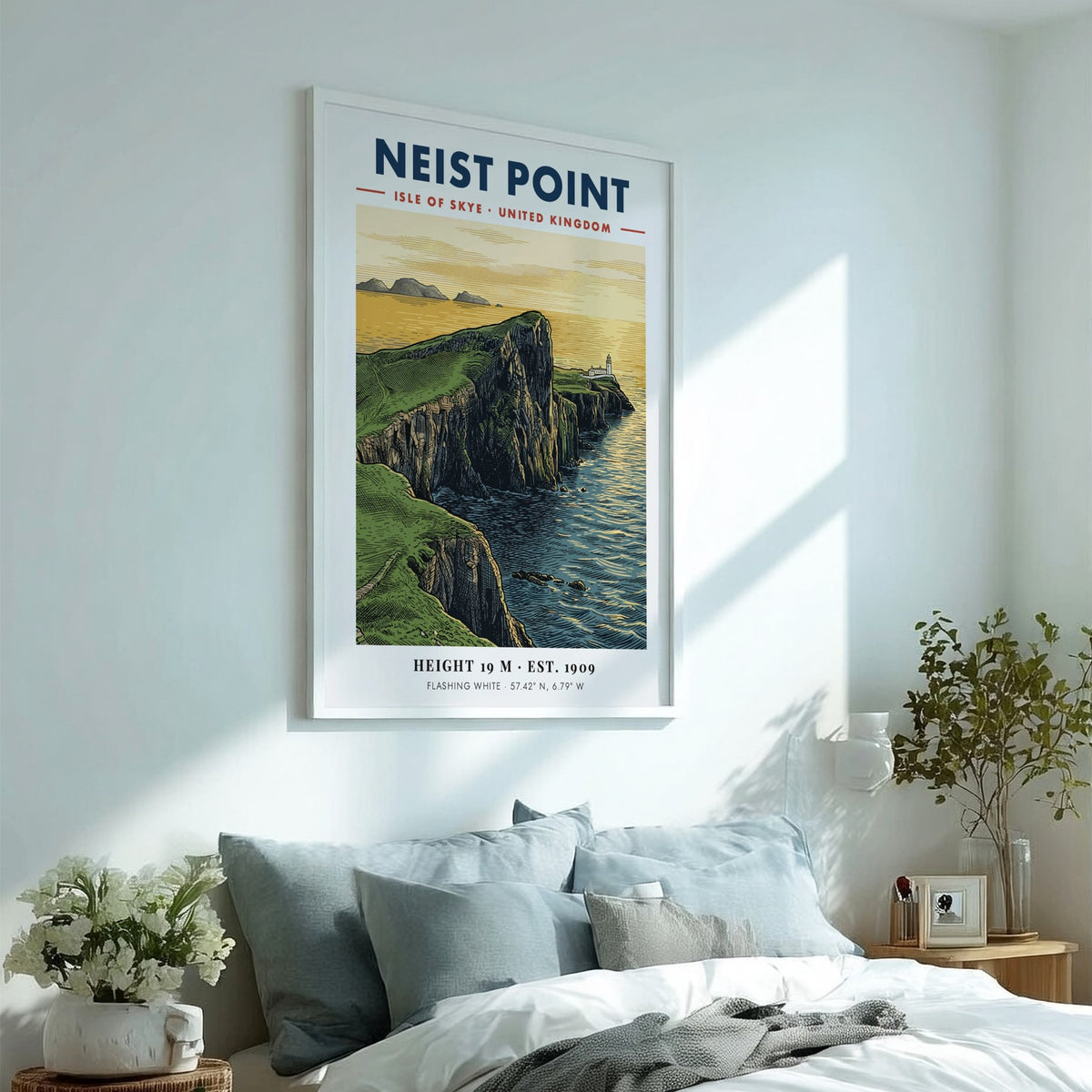 Poster of Neist Point lighthouse on the Isle of Skye with green cliffs.