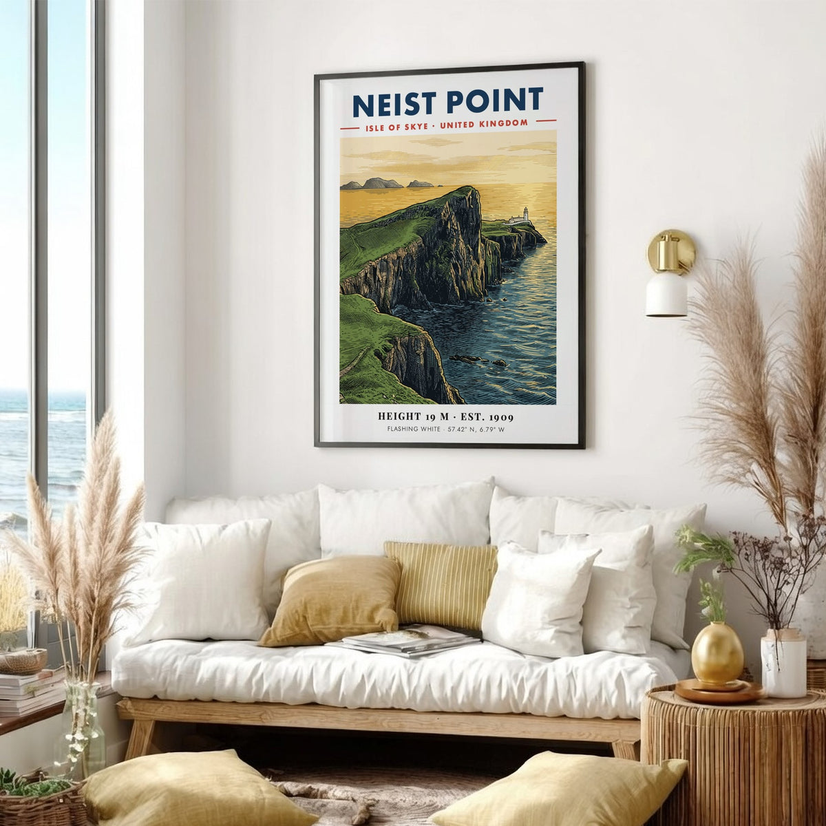 Poster of Neist Point lighthouse on the Isle of Skye with green cliffs.
