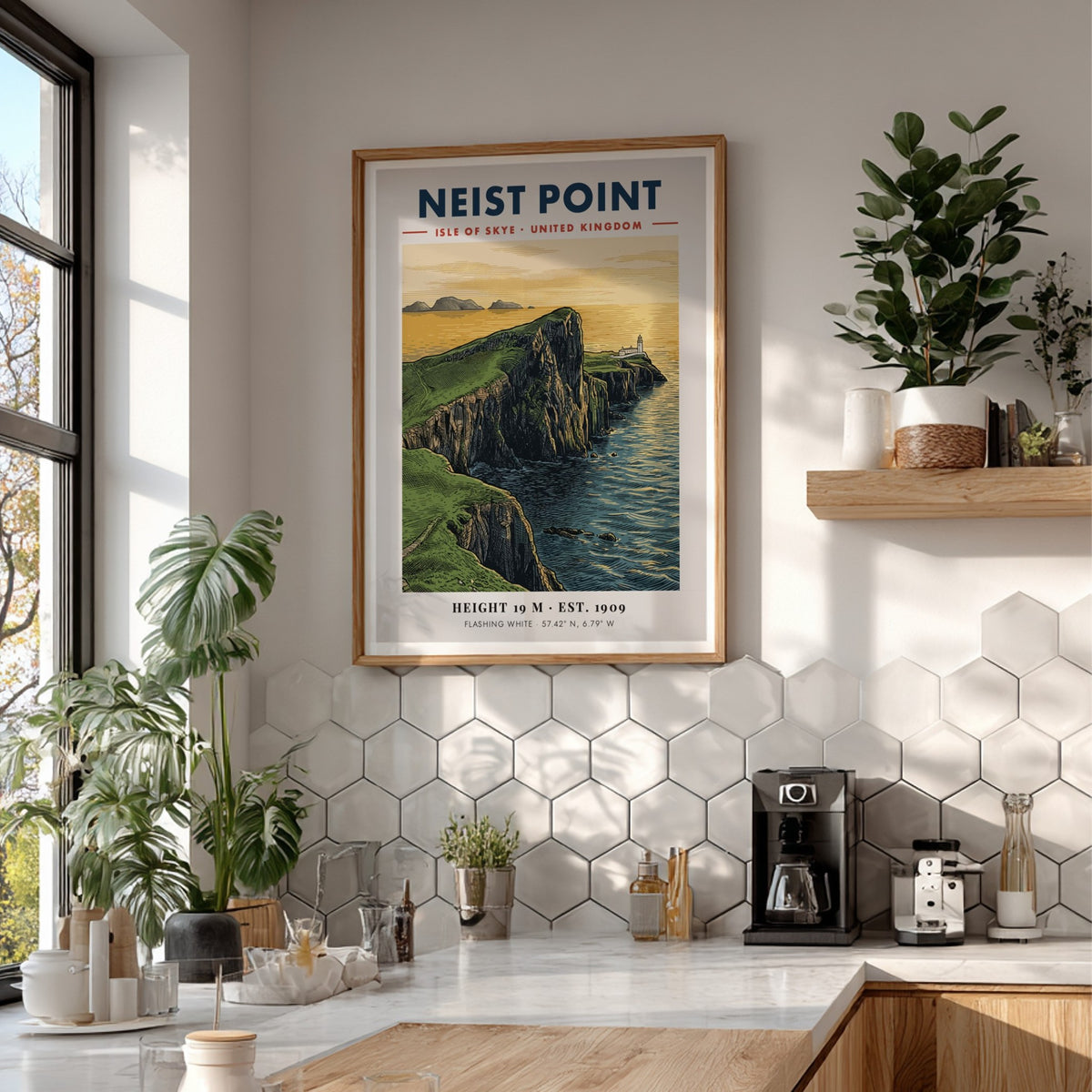 Poster of Neist Point lighthouse on the Isle of Skye with green cliffs.