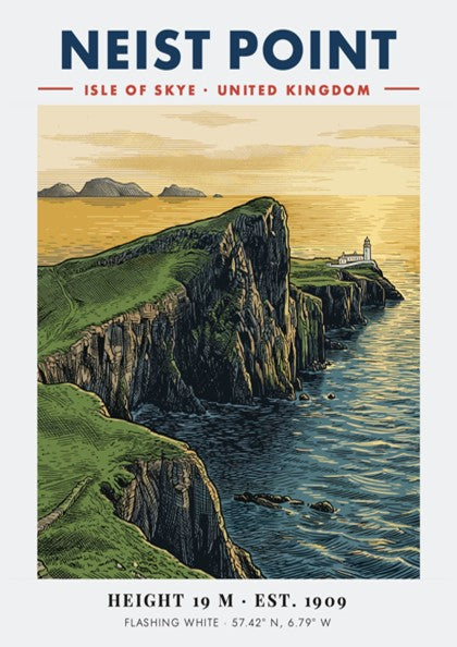 Poster of Neist Point lighthouse on the Isle of Skye with green cliffs.
