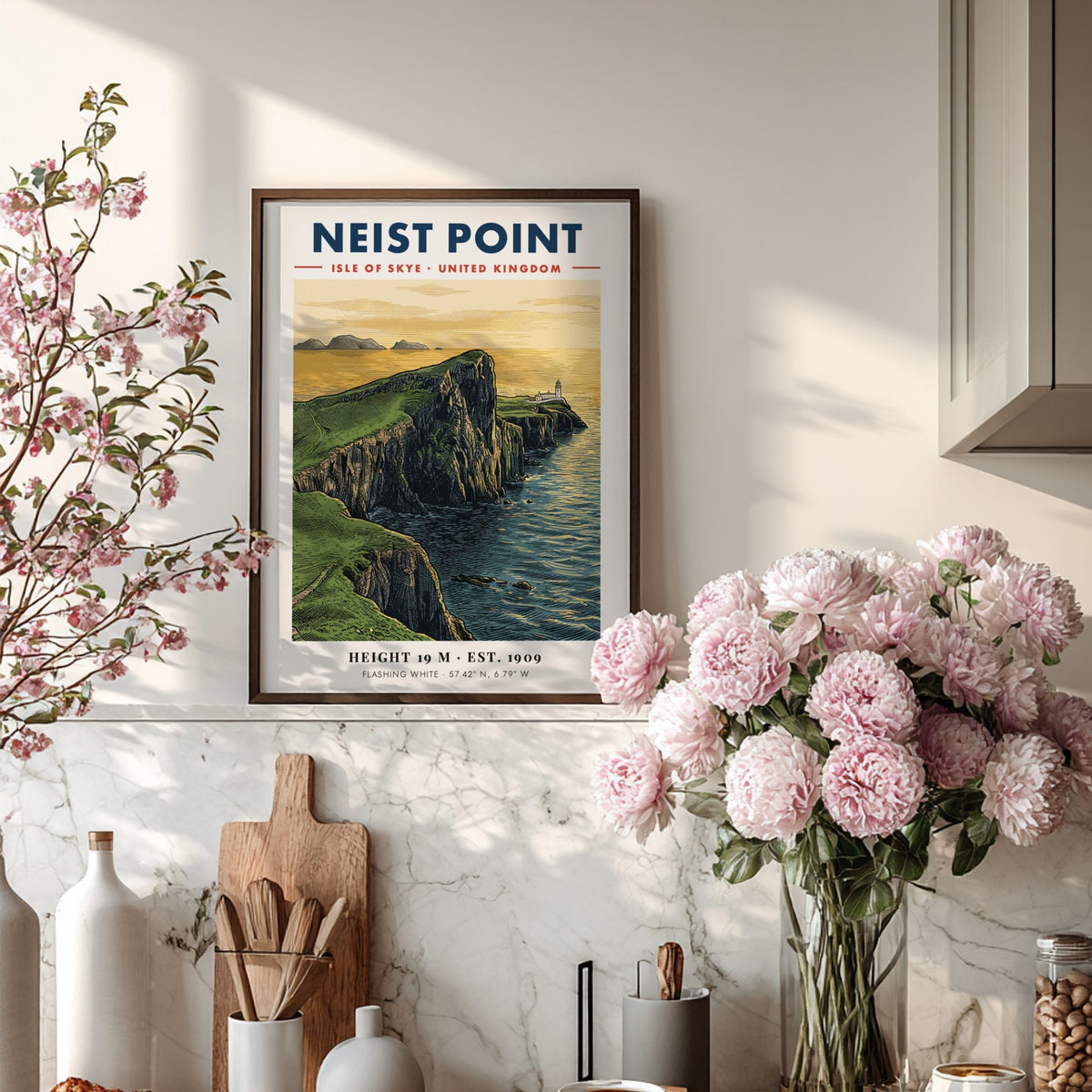 Poster of Neist Point lighthouse on the Isle of Skye with green cliffs.
