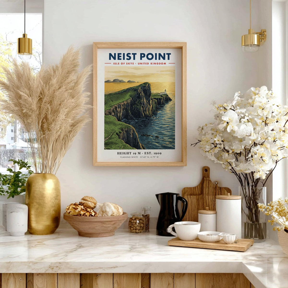 Poster of Neist Point lighthouse on the Isle of Skye with green cliffs.