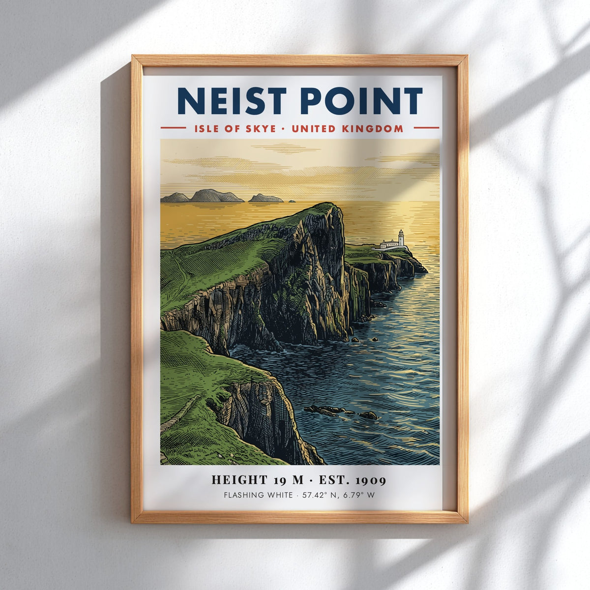 Poster of Neist Point lighthouse on the Isle of Skye with green cliffs.