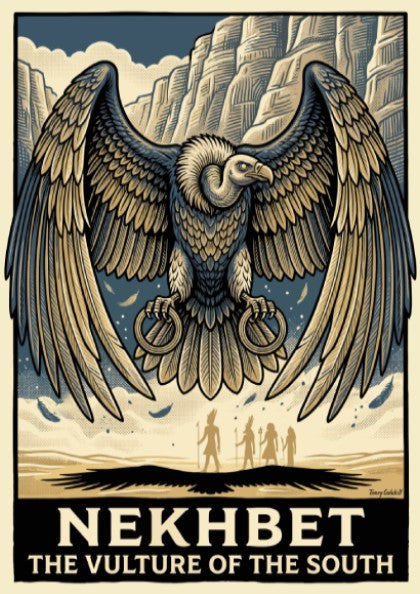 Poster of Nekhbet the vulture goddess with outstretched wings above ancient Egyptian figures.