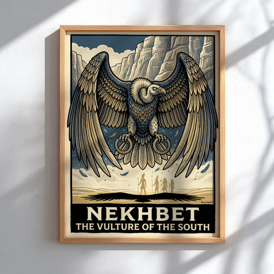Poster of Nekhbet the vulture goddess with outstretched wings above ancient Egyptian figures.
