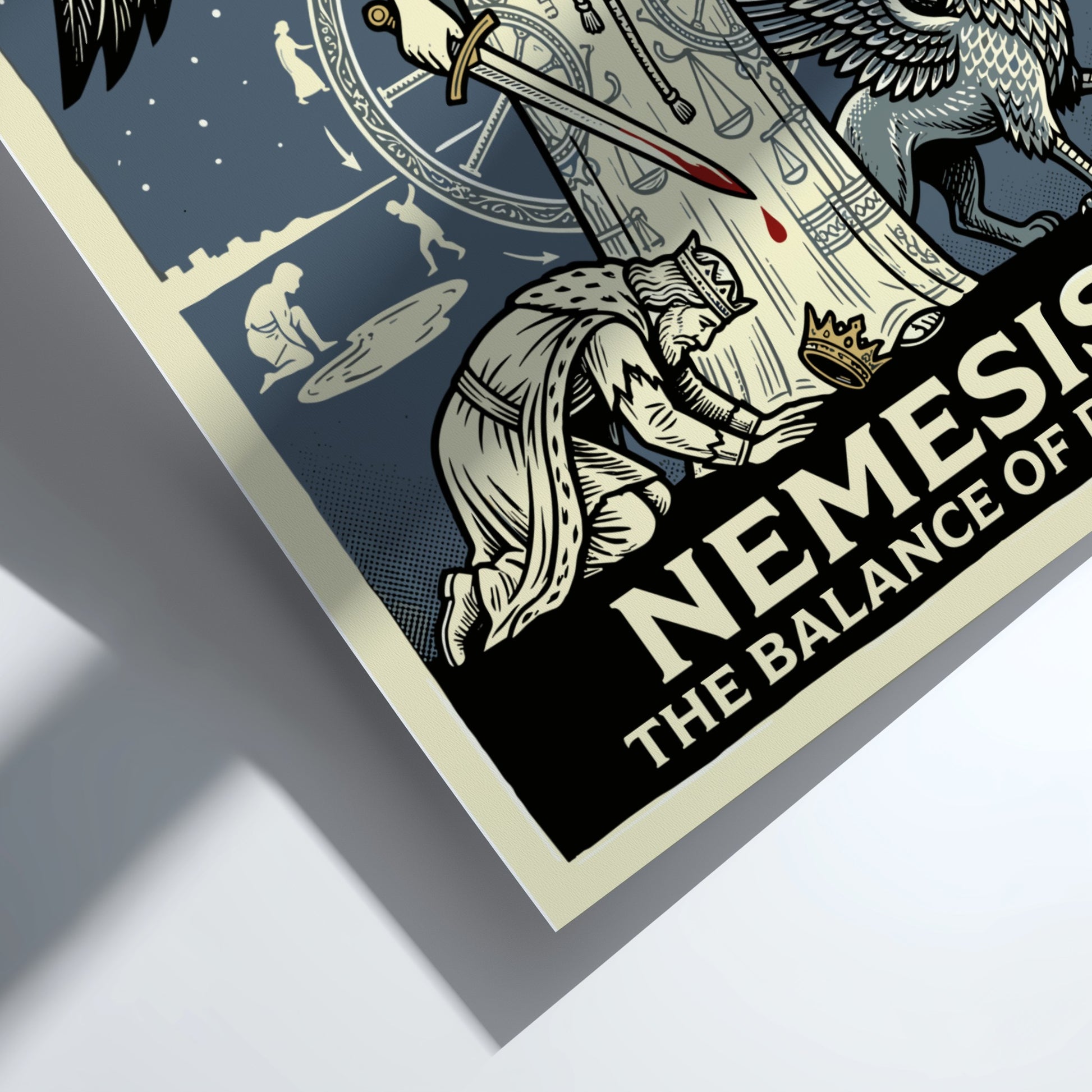 Nemesis Greek mythology poster featuring the goddess of retribution with scales and sword, vintage style.
