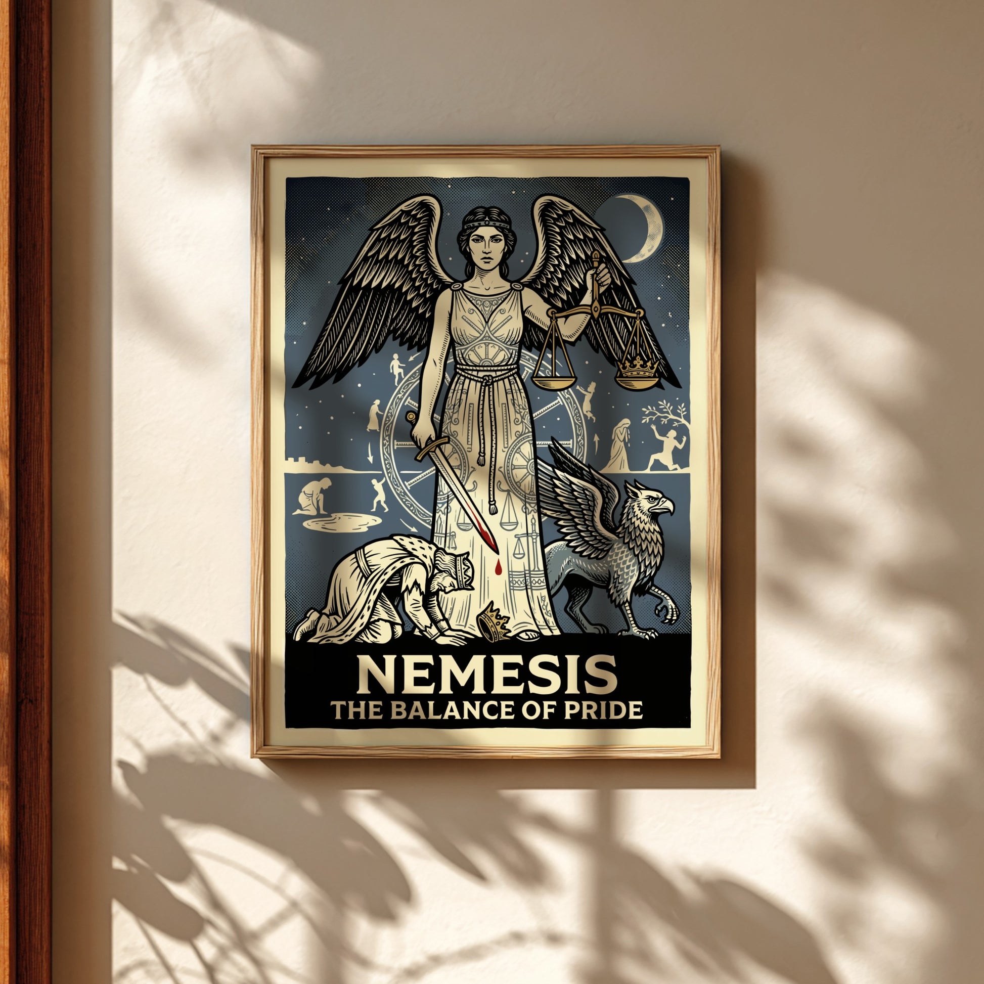 Nemesis Greek mythology poster featuring the goddess of retribution with scales and sword, vintage style.