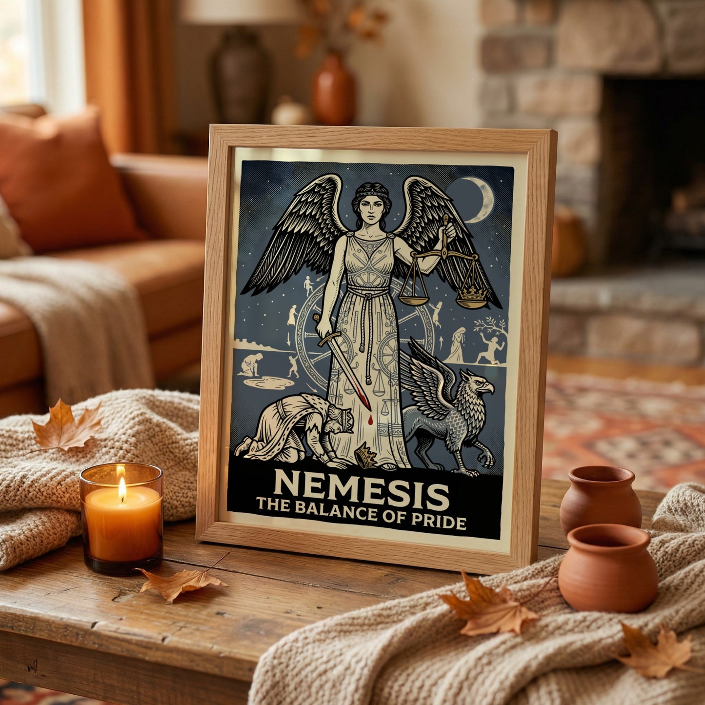 Nemesis Greek mythology poster featuring the goddess of retribution with scales and sword, vintage style.