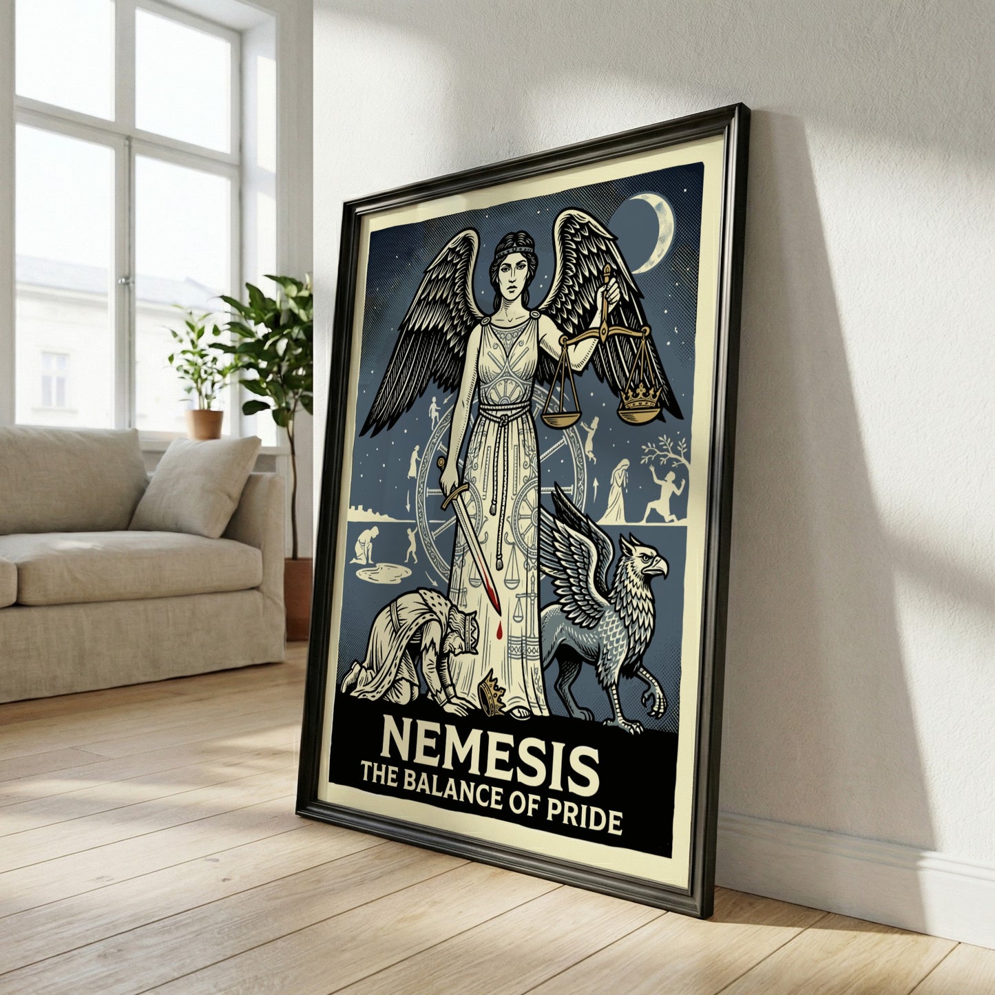 Nemesis Greek mythology poster featuring the goddess of retribution with scales and sword, vintage style.