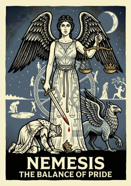 Nemesis Greek mythology poster featuring the goddess of retribution with scales and sword, vintage style.